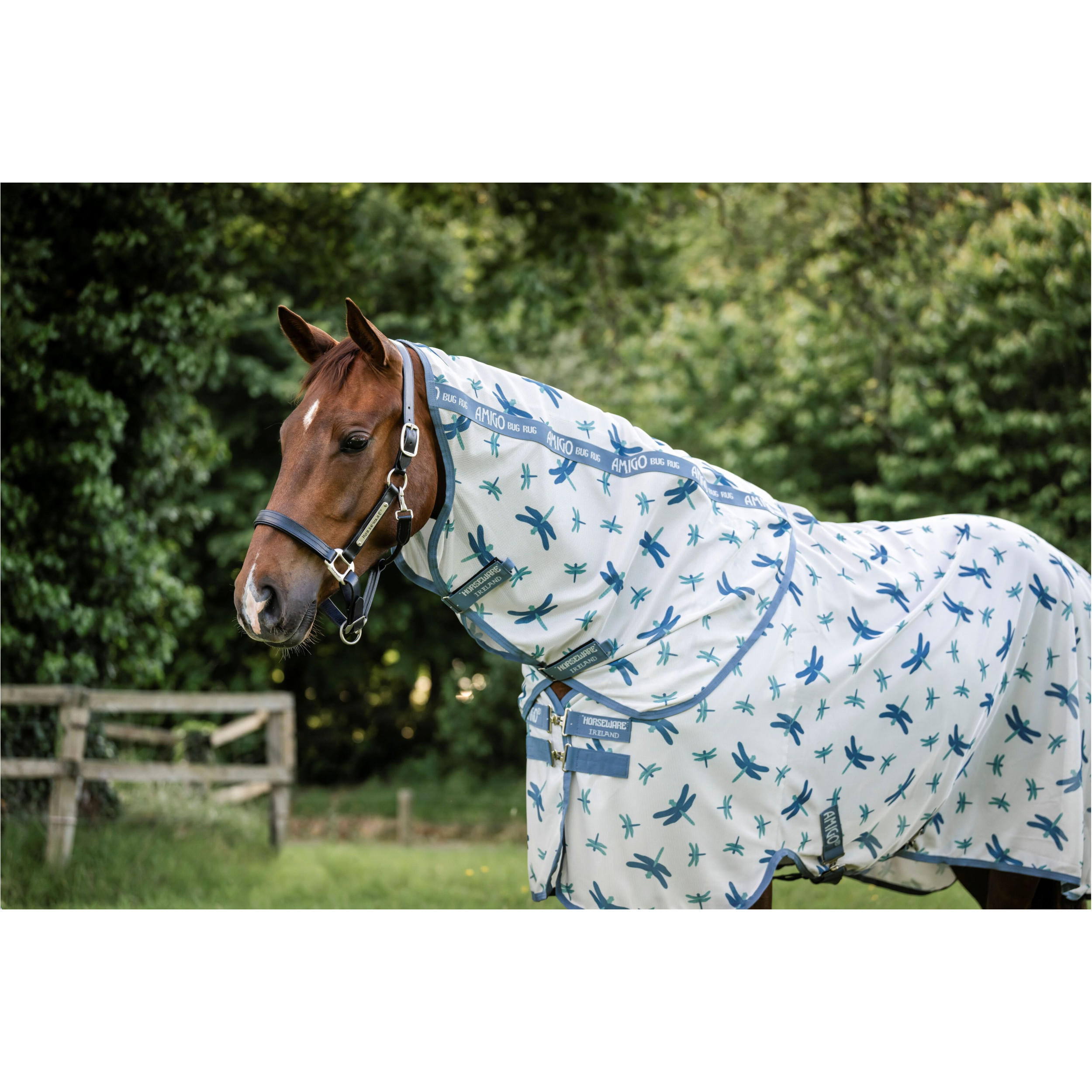 Fliegendecke mit Halsteil (abnehmbar) AMIGO Bug Rug Plus dragonfly print/silver/blue/sage