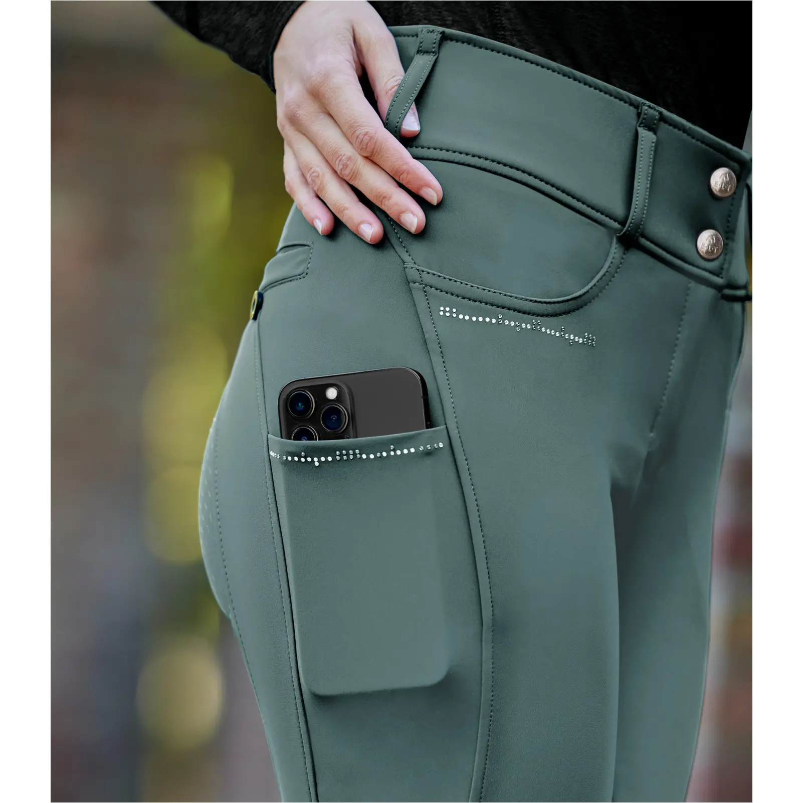 Damen Reithose Silikon Vollbesatz MATHILDA GLAM High Waist piniengrün