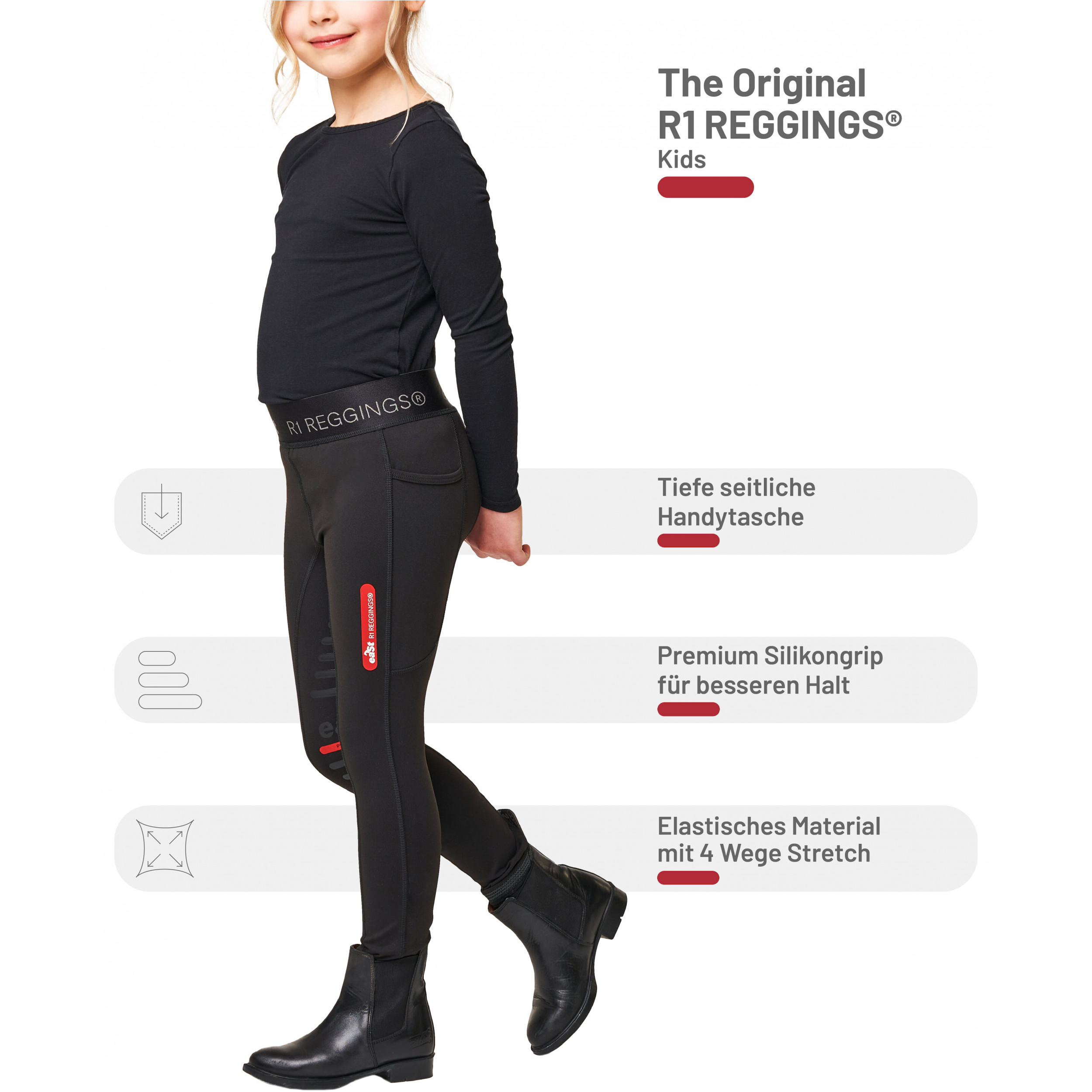 Kinder Reitleggings Silikon Halbbesatz REGGINGS R1 schwarz