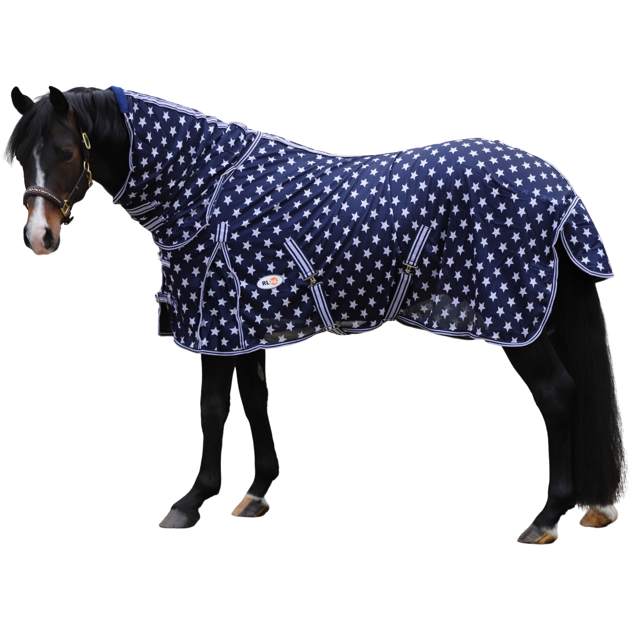 Fliegendecke mit Halsteil und Kreuzgurt DESIGN Star dunkelblau/weiß