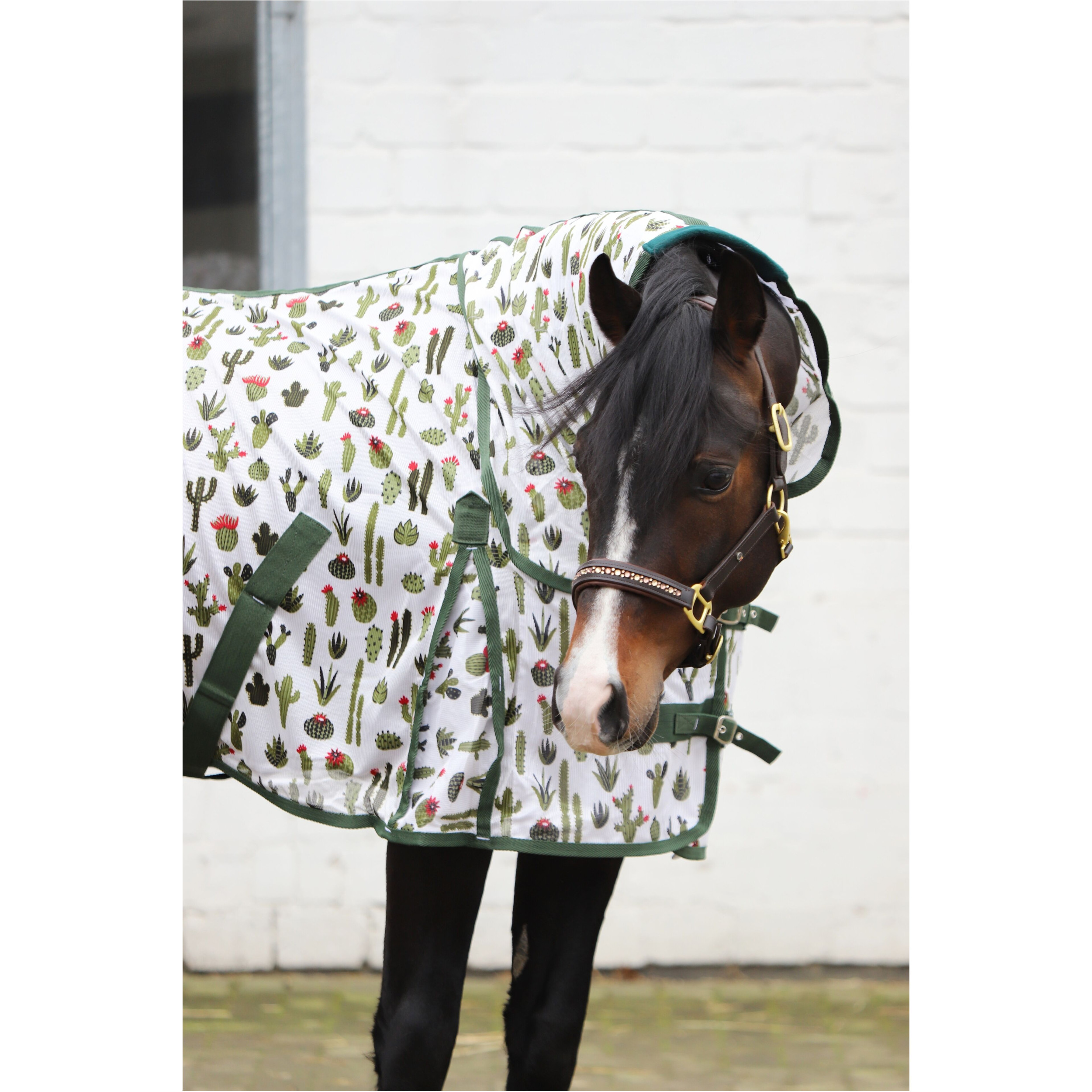 Fliegendecke mit Halsteil und Kreuzgurt DESIGN Kaktus weiß/grün
