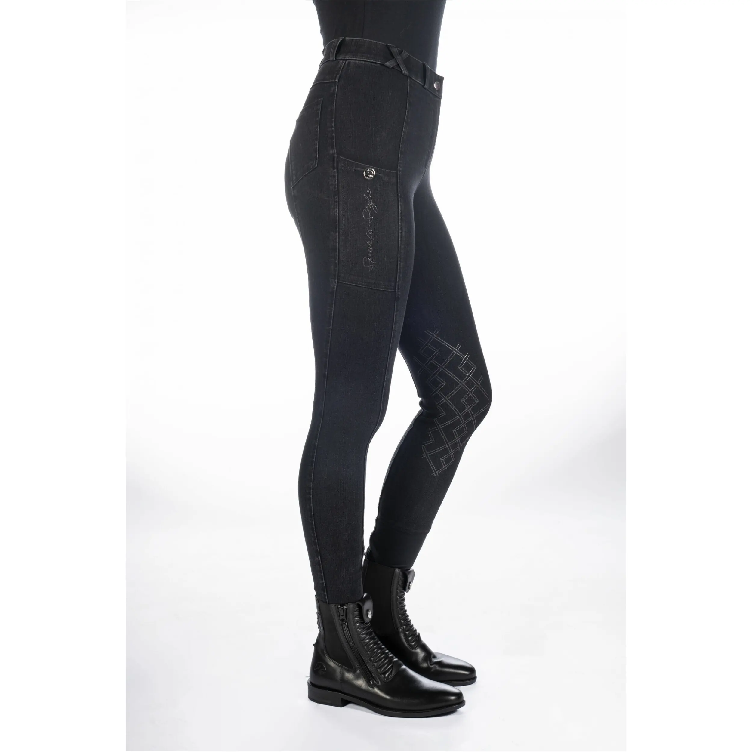Damen Reithose Silikon Kniebesatz HARBOUR ISLAND DENIM schwarz