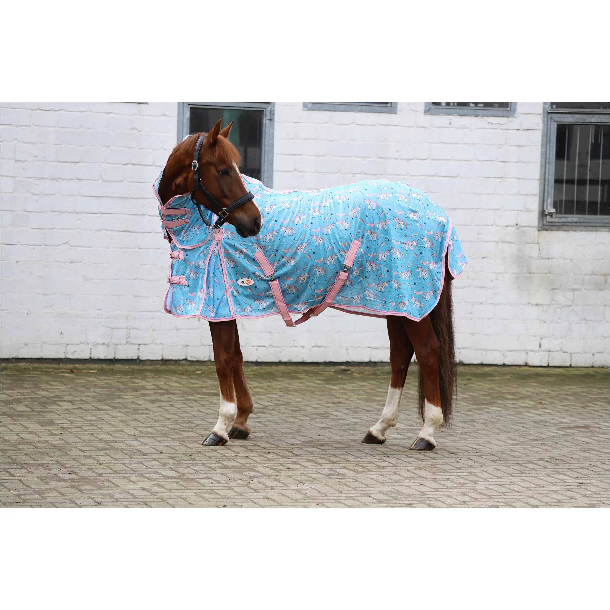 Fliegendecke mit Halsteil und Kreuzgurt DESIGN Unicorn hellblau/rosa