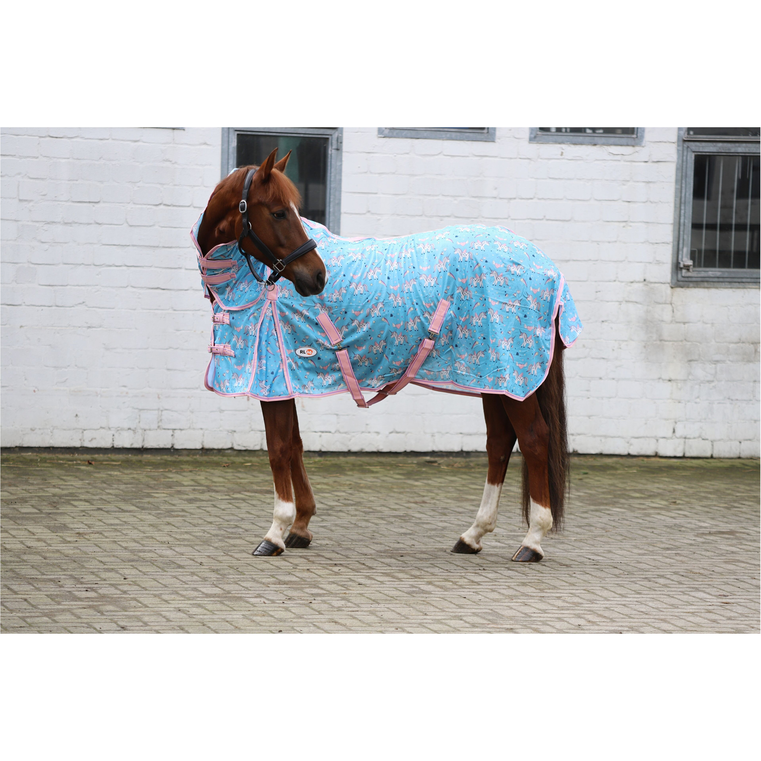 Fliegendecke mit Halsteil und Kreuzgurt DESIGN Unicorn hellblau/rosa