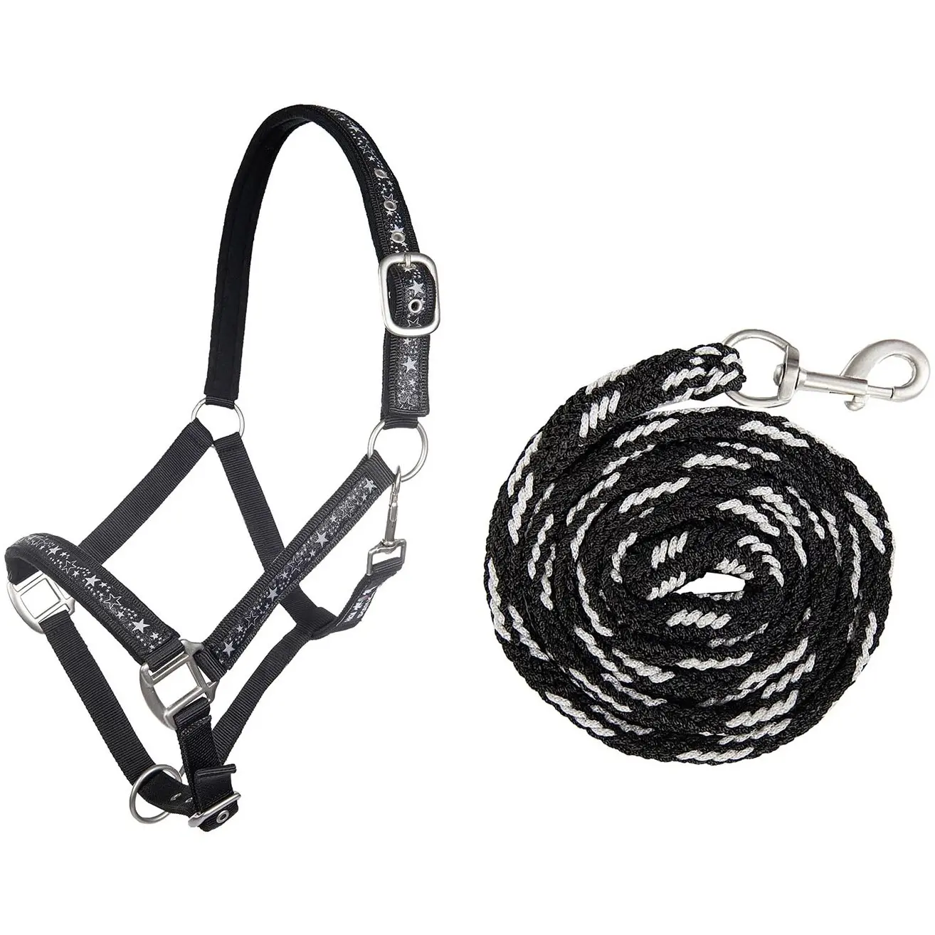 Halfter + Strick-Set mit Karabinerhaken STERNCHEN schwarz/silber