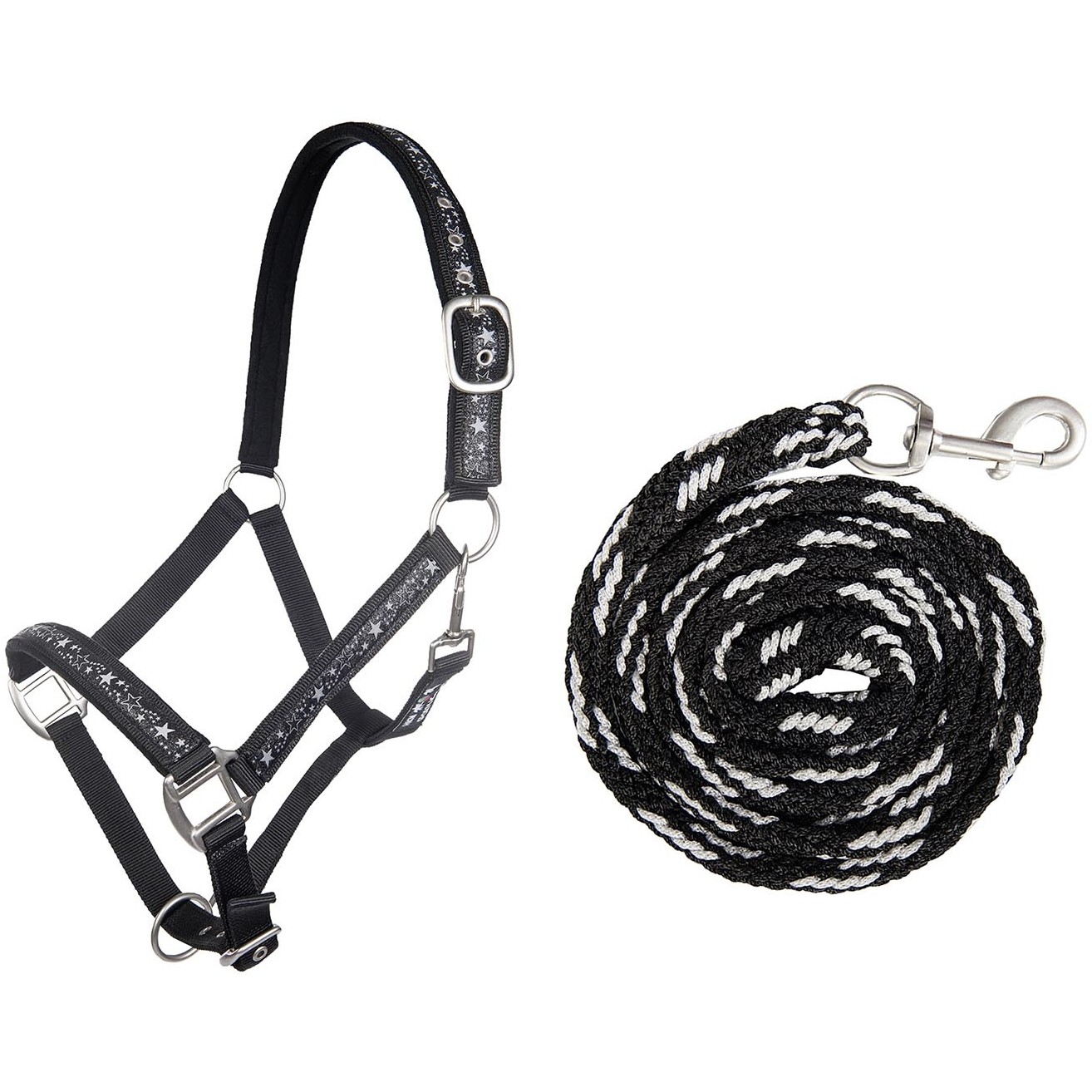 Halfter + Strick-Set mit Karabinerhaken STERNCHEN schwarz/silber