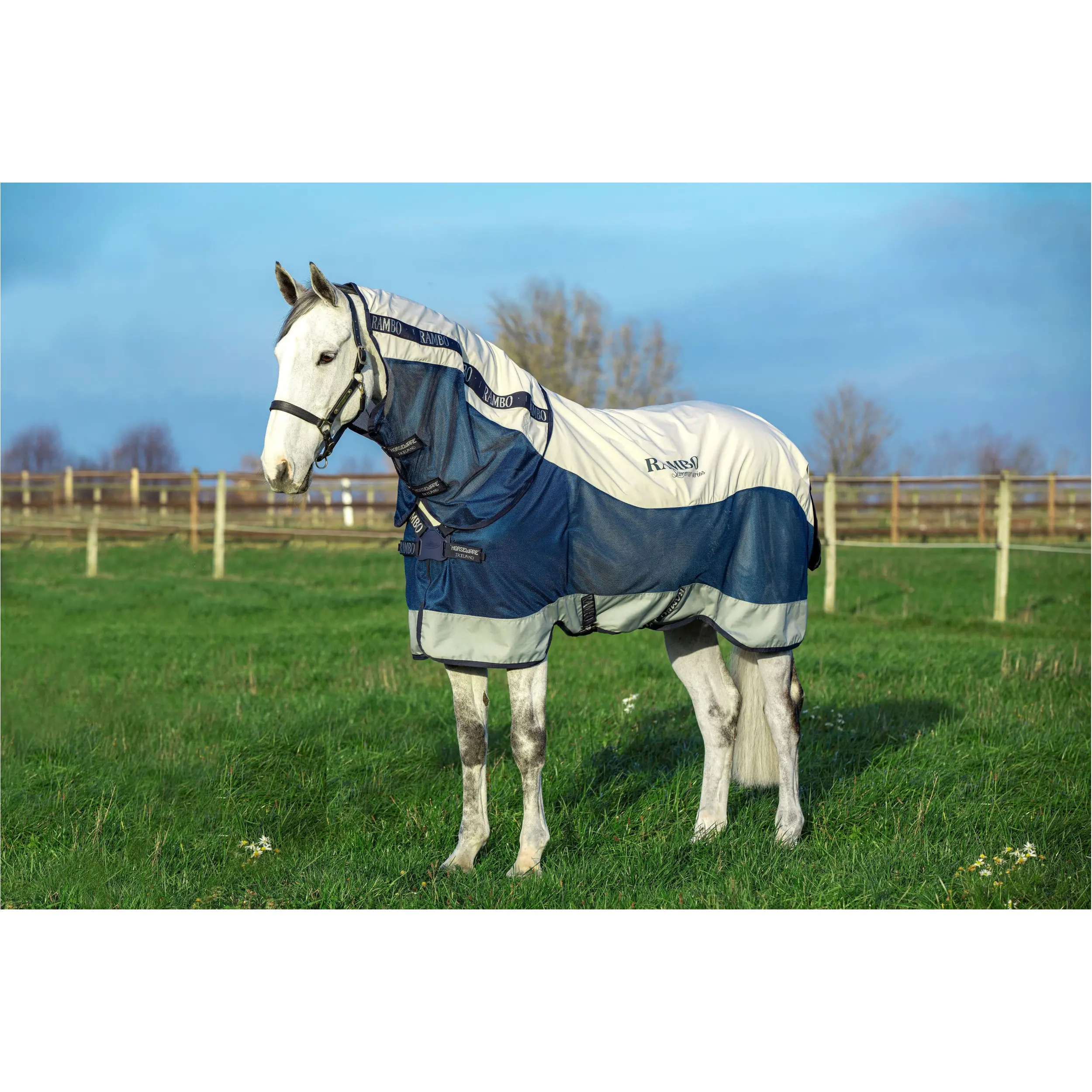 Sommer Weidedecke mit Halsteil (abnehmbar) + 100g Liner RAMBO Summer Series Disk Front navy/grey Sommer Weidedecke mit Halsteil (abnehmbar) + 100g Liner RAMBO Summer Series Disk Front navy/grey