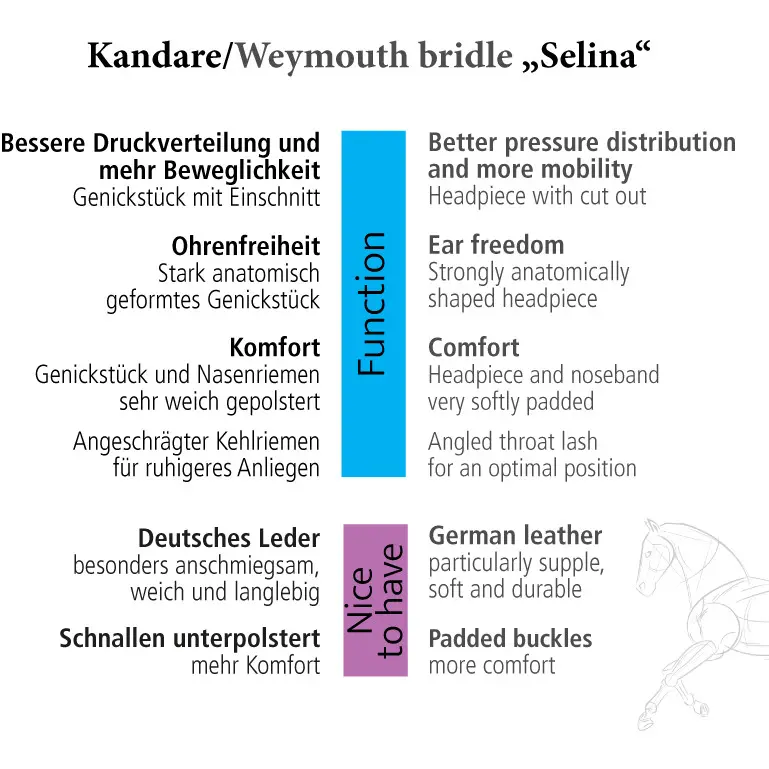 Kandarenzaum mit schwedischen Reithalfter SELINA schwarz lack/weiß