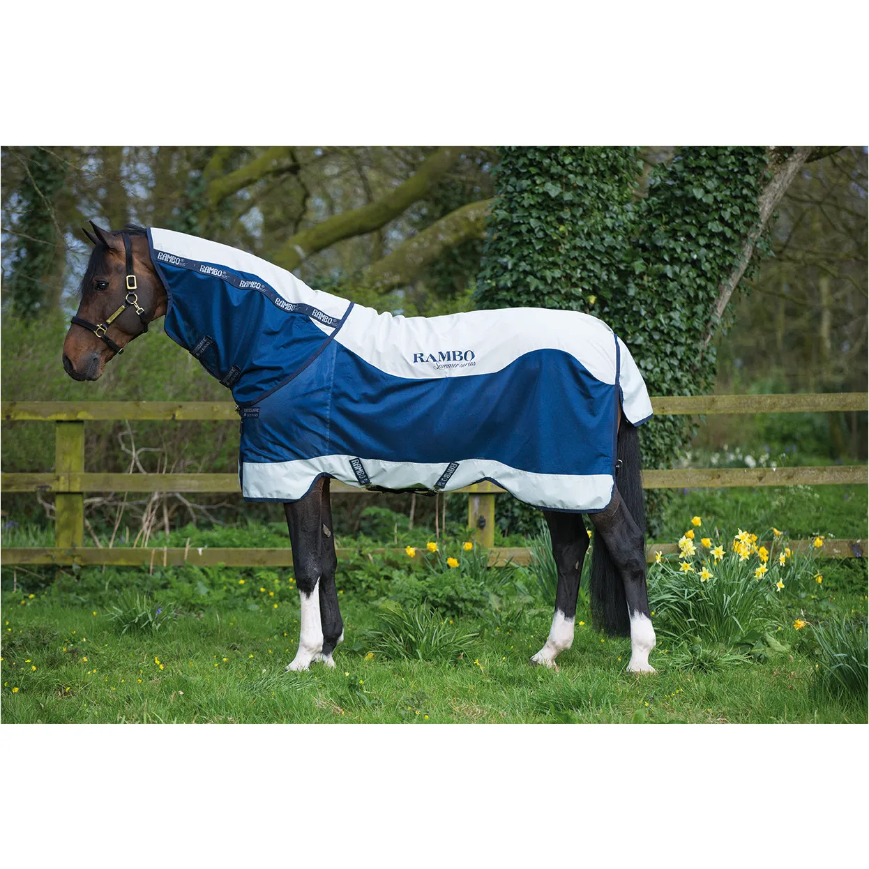 Sommer Weidedecke mit Halsteil (abnehmbar) + 100g Liner RAMBO Summer Series V-Front navy/grey