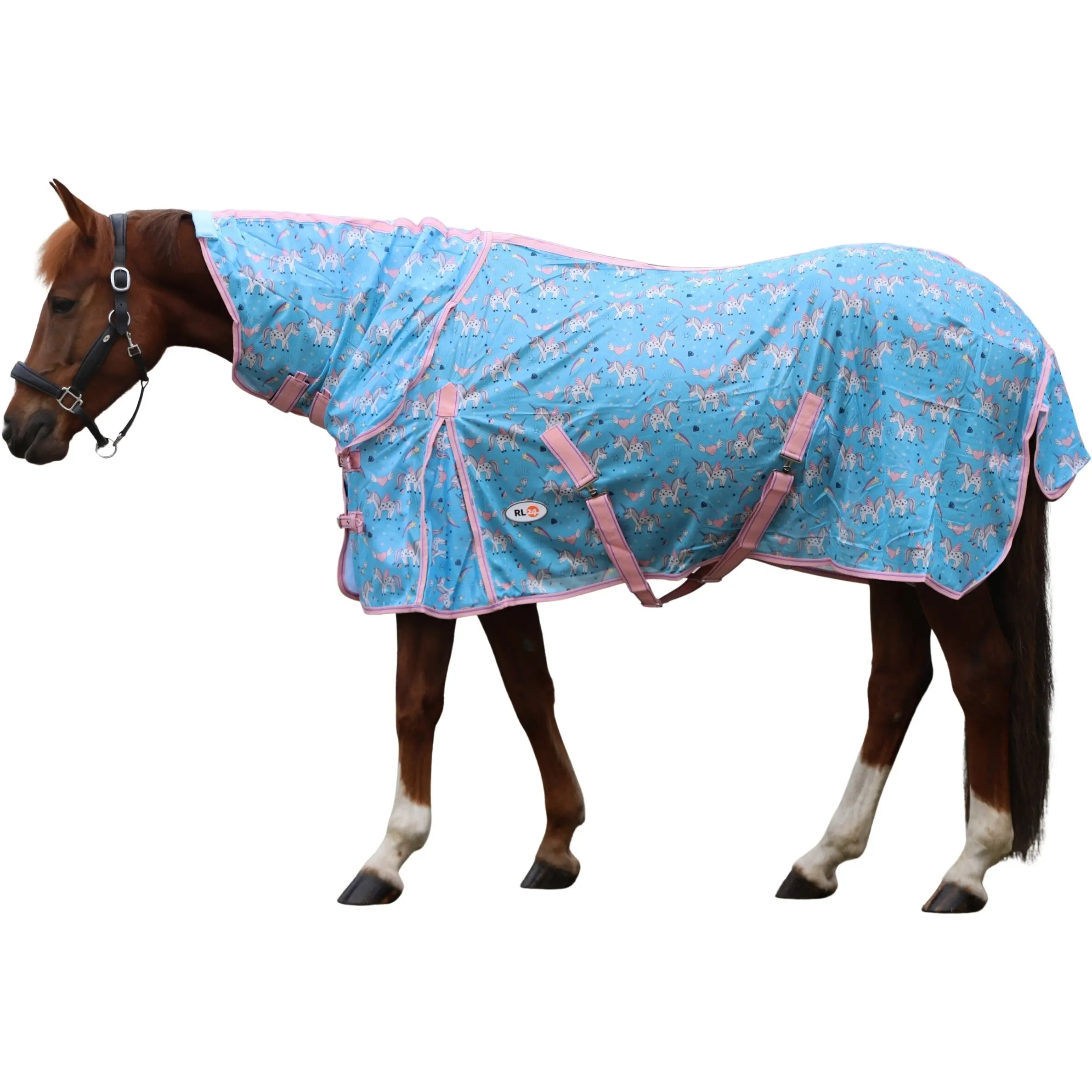Fliegendecke mit Halsteil und Kreuzgurt DESIGN Unicorn hellblau/rosa