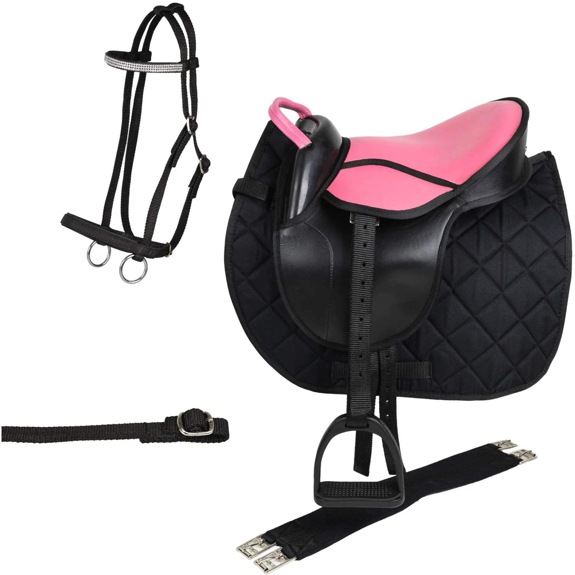 Shettysattel-Set mit Trense ADVANCED pink/schwarz 12"