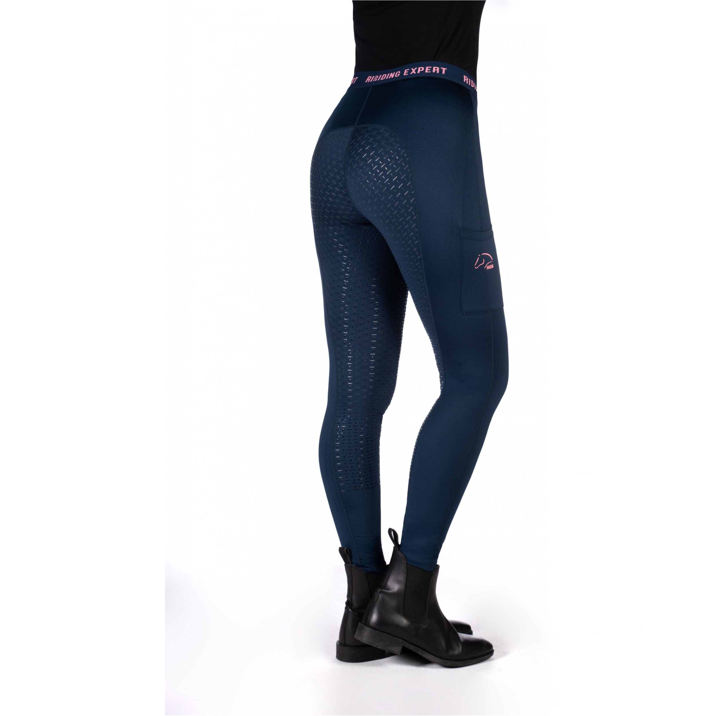 Kinder Reitleggings Silikon Vollbesatz GRAZ STYLE dunkelblau/neon koralle
