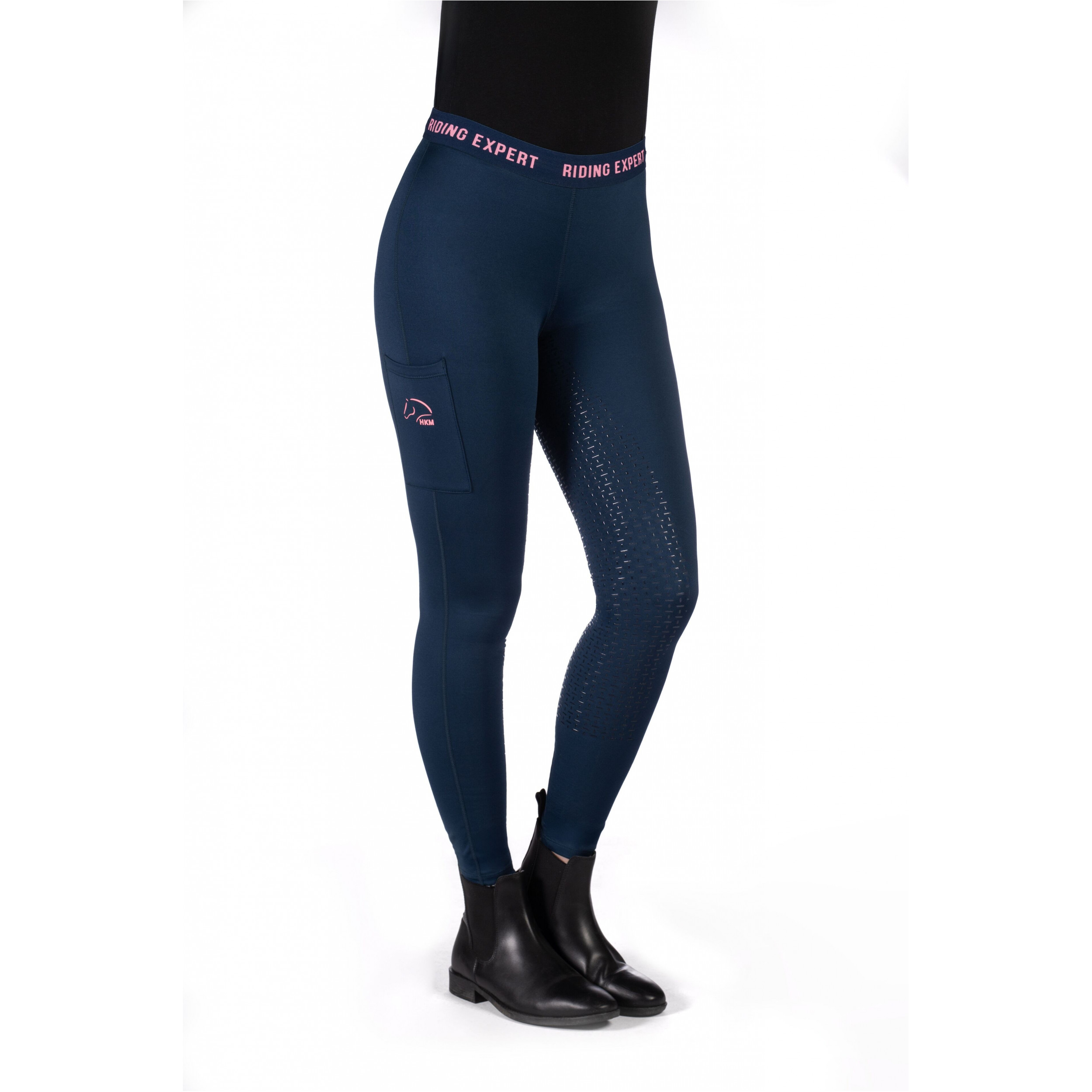 Kinder Reitleggings Silikon Vollbesatz GRAZ STYLE dunkelblau/neon koralle