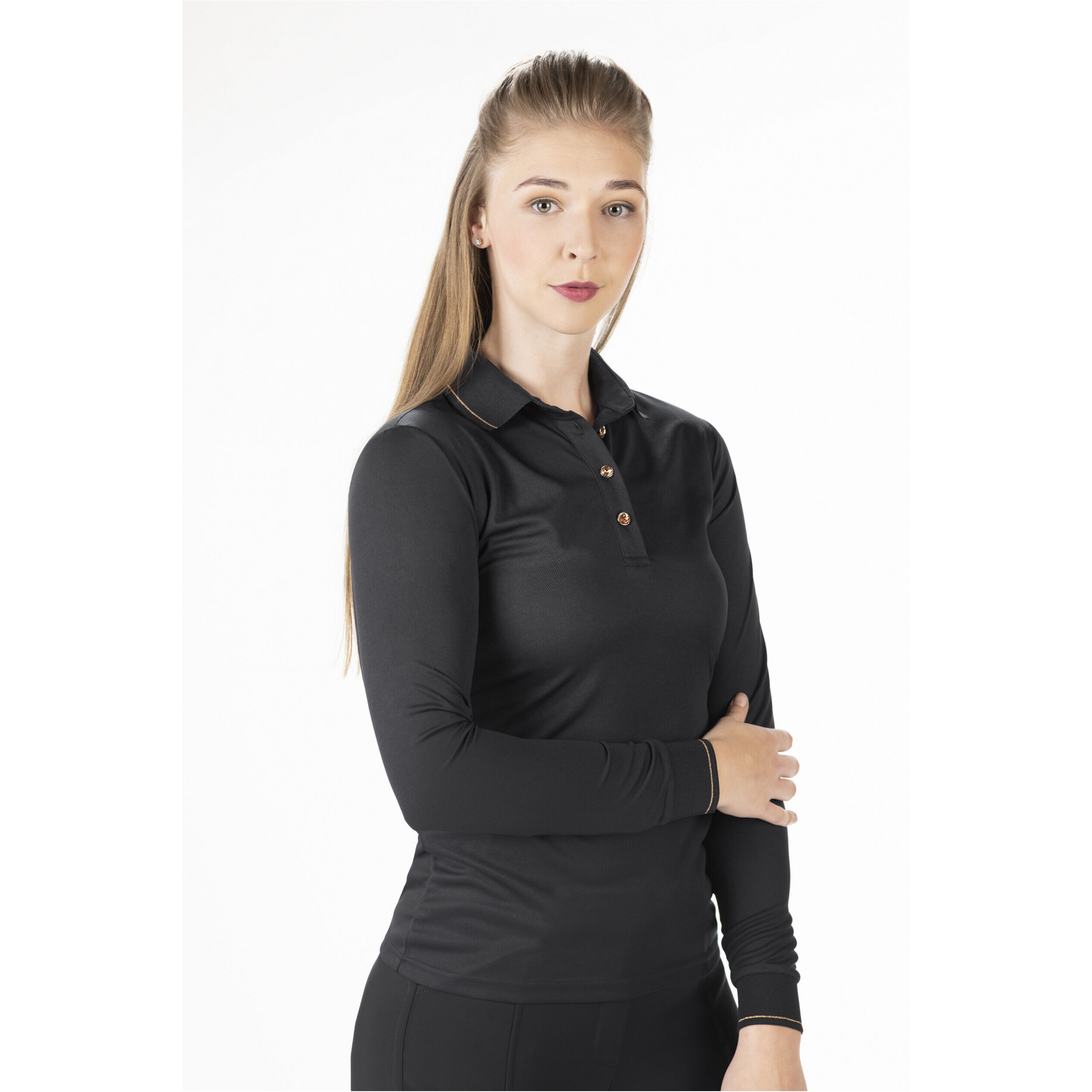 Damen Poloshirt Langarm ROSEGOLD GLAMOUR STYLE schwarz/rosegold