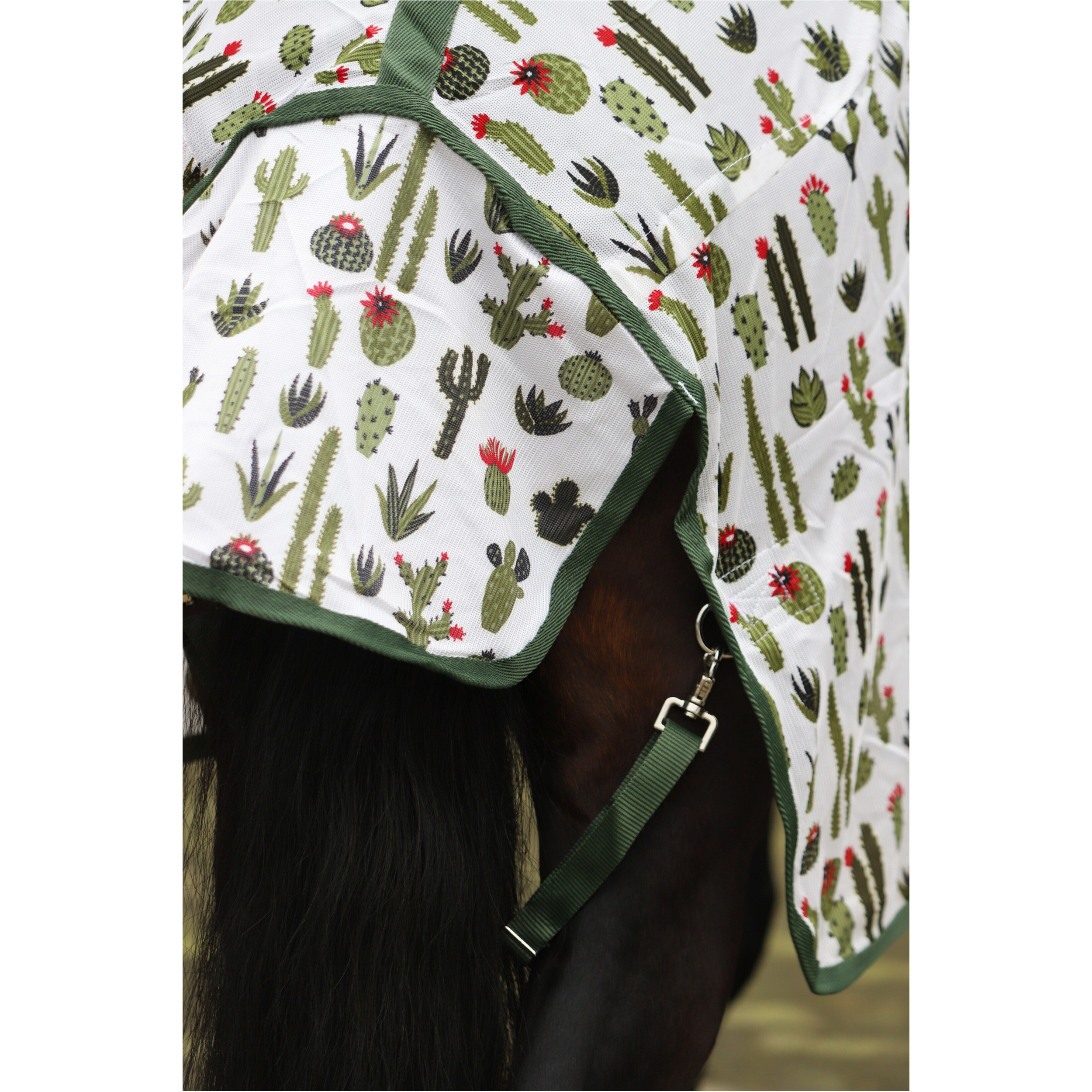 Fliegendecke mit Halsteil und Kreuzgurt DESIGN Kaktus weiß/grün