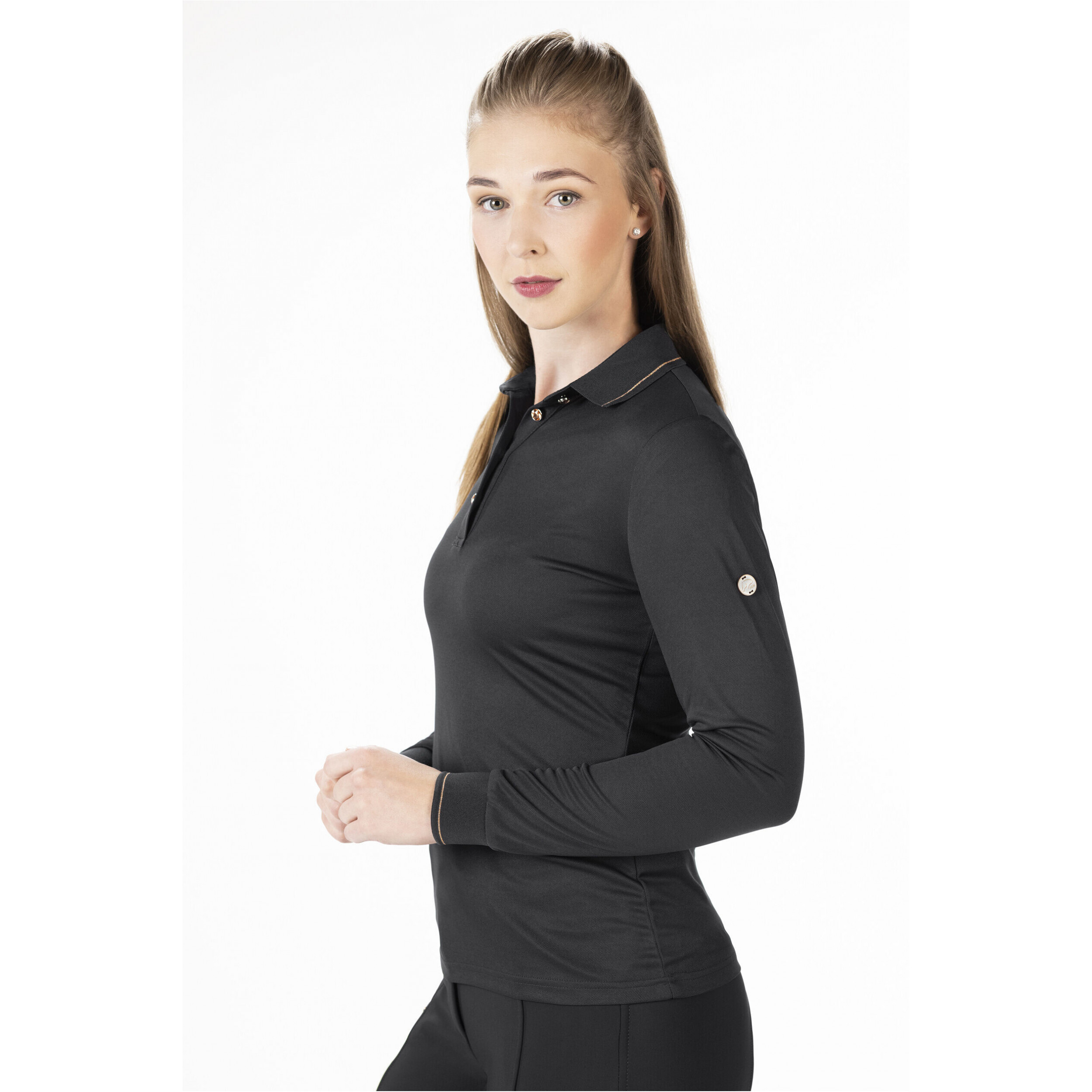 Damen Poloshirt Langarm ROSEGOLD GLAMOUR STYLE schwarz/rosegold