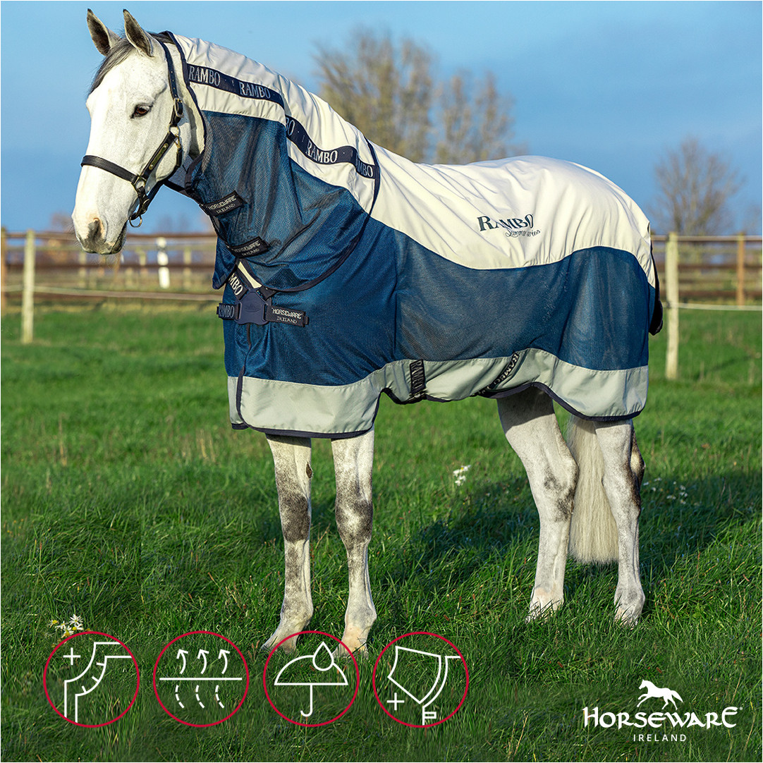 Sommer Weidedecke mit Halsteil (abnehmbar) + 100g Liner RAMBO Summer Series Disk Front navy/grey