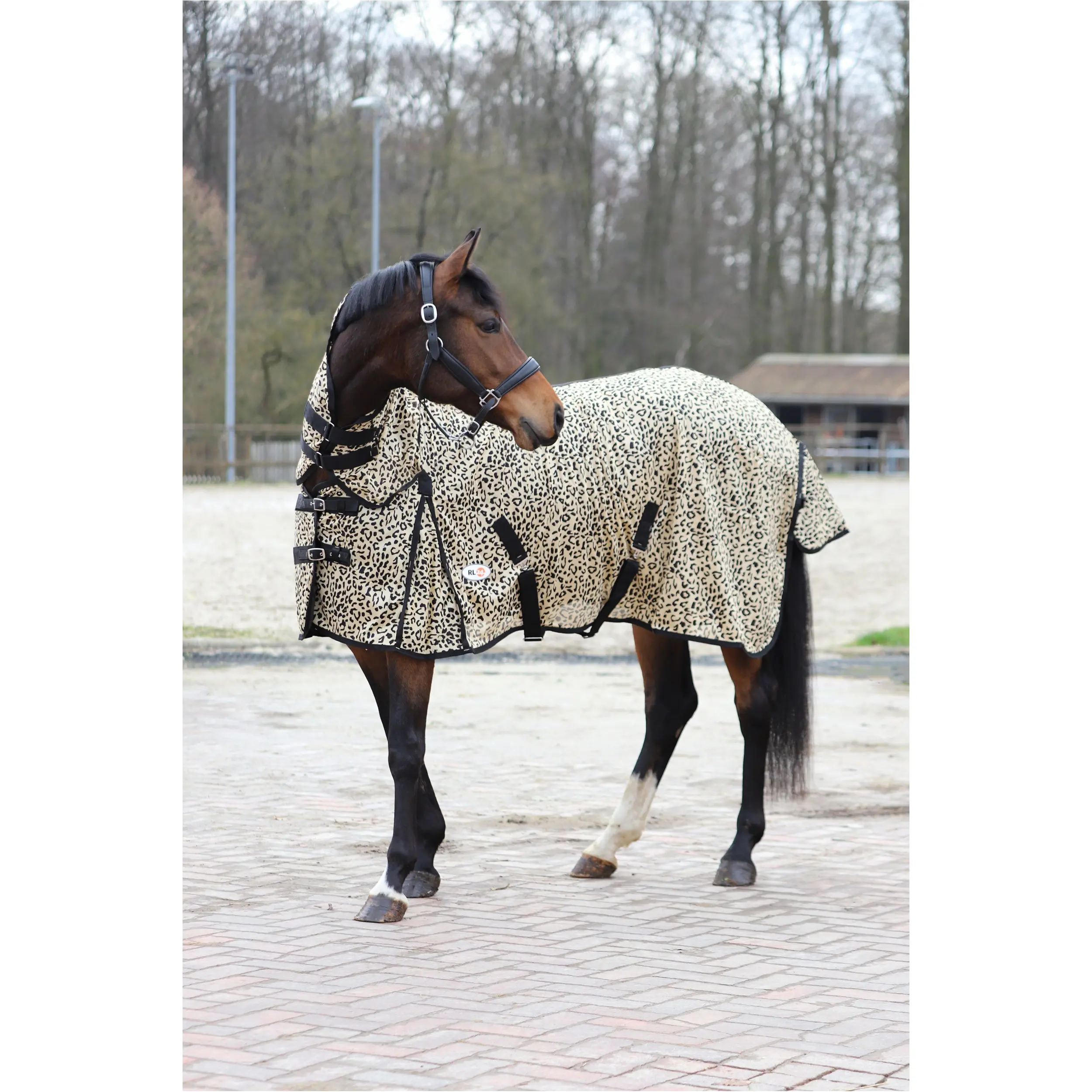 Fliegendecke mit Halsteil und Kreuzgurt DESIGN Leopard beige/schwarz