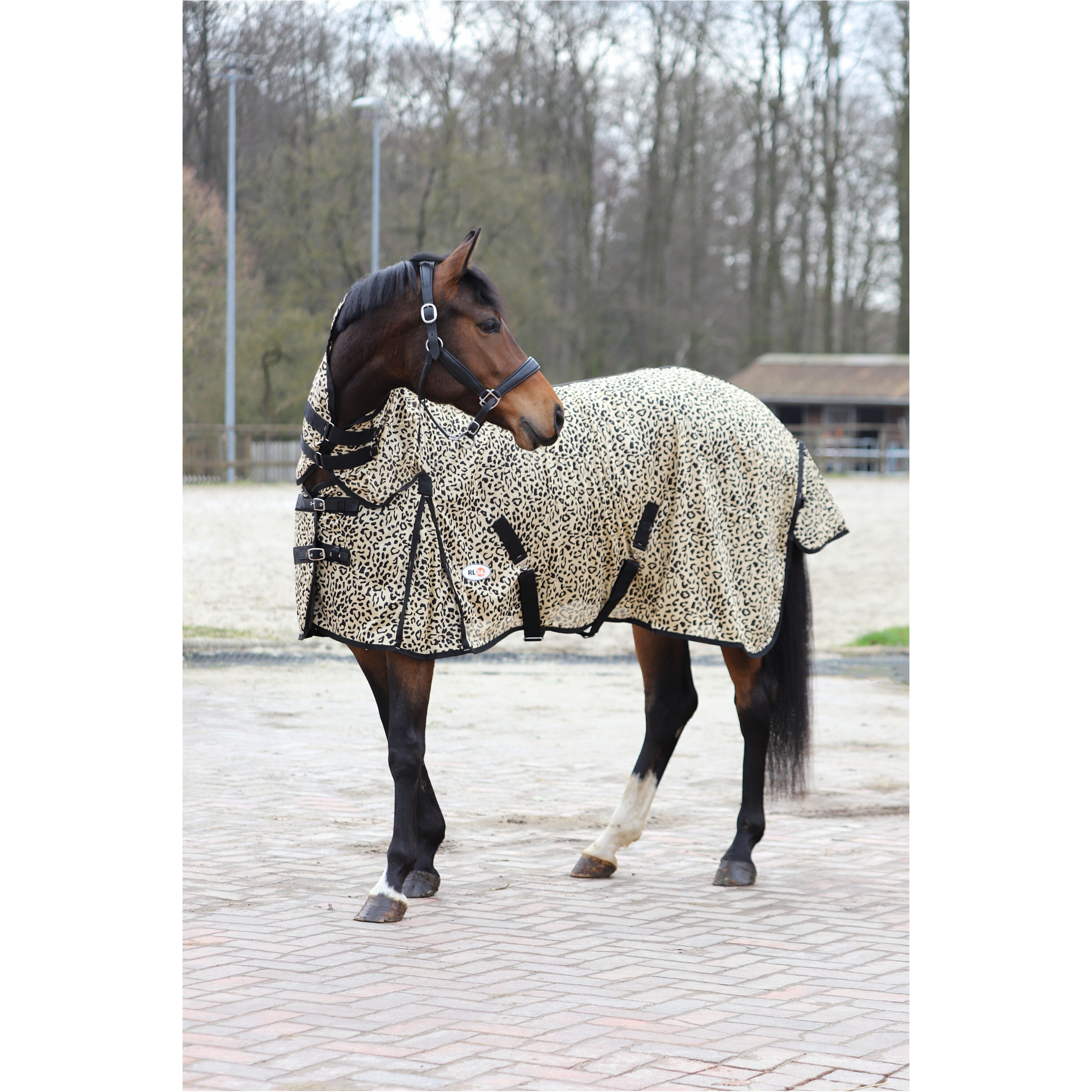 Fliegendecke mit Halsteil und Kreuzgurt DESIGN Leopard beige/schwarz