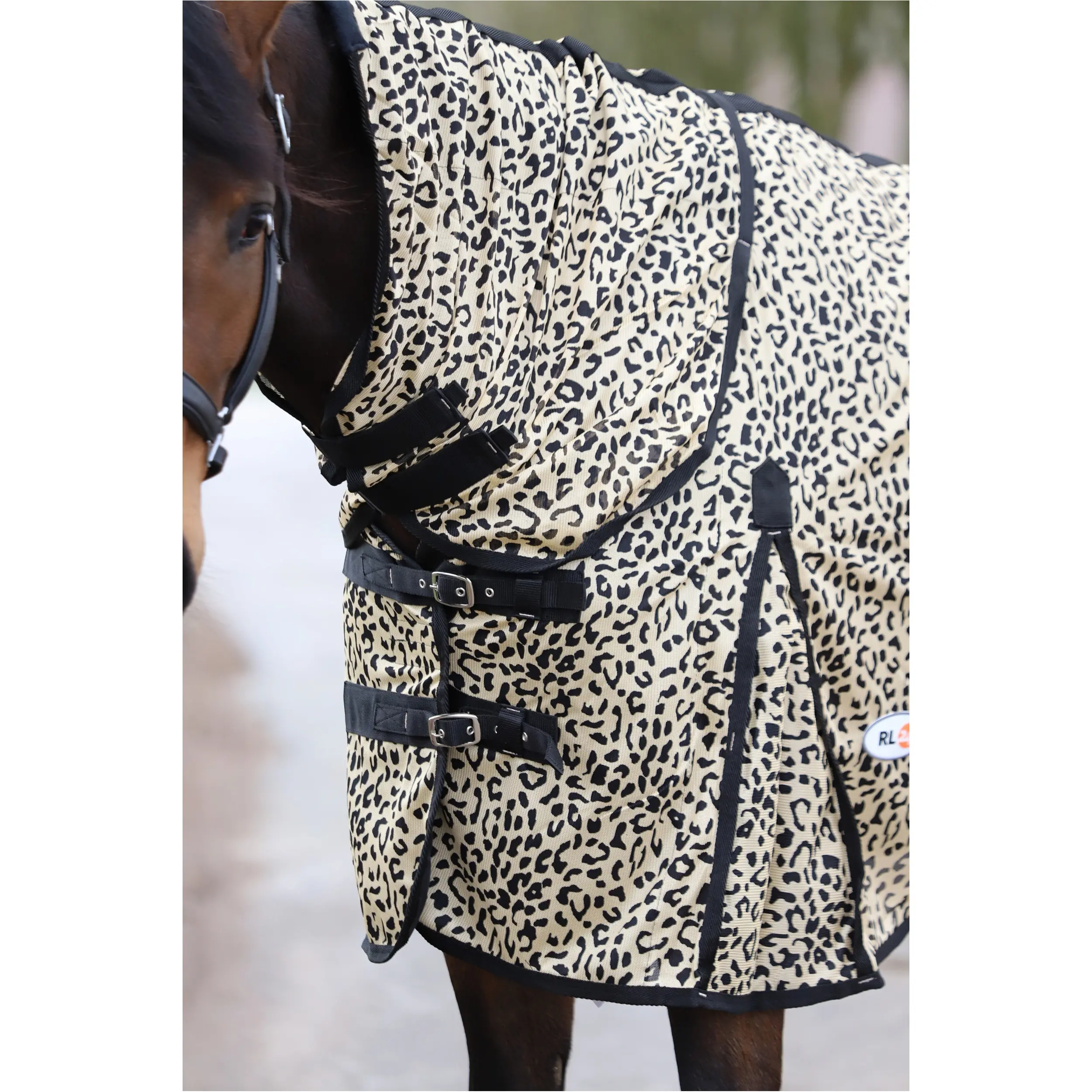 Fliegendecke mit Halsteil und Kreuzgurt DESIGN Leopard beige/schwarz