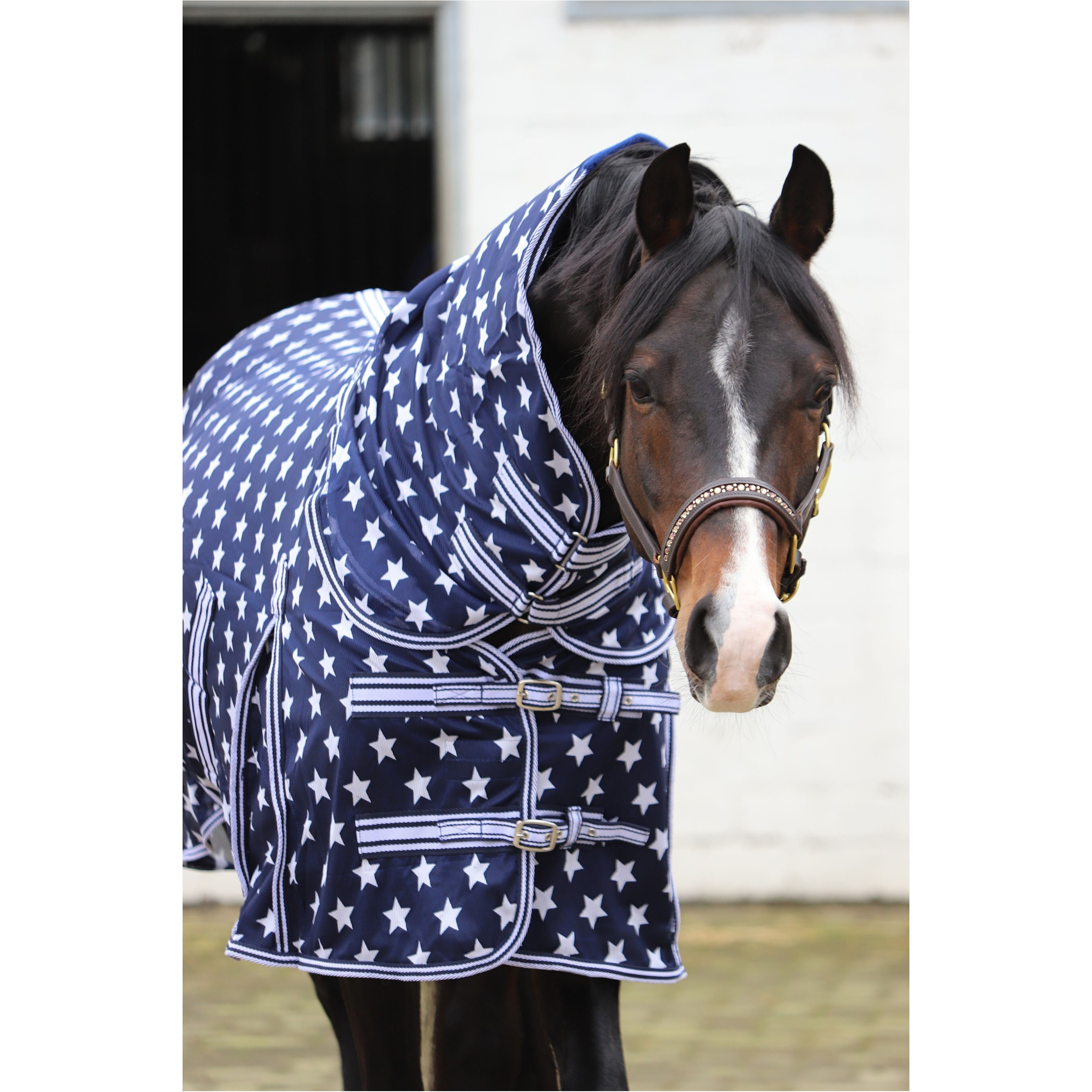 Fliegendecke mit Halsteil und Kreuzgurt DESIGN Star dunkelblau/weiß