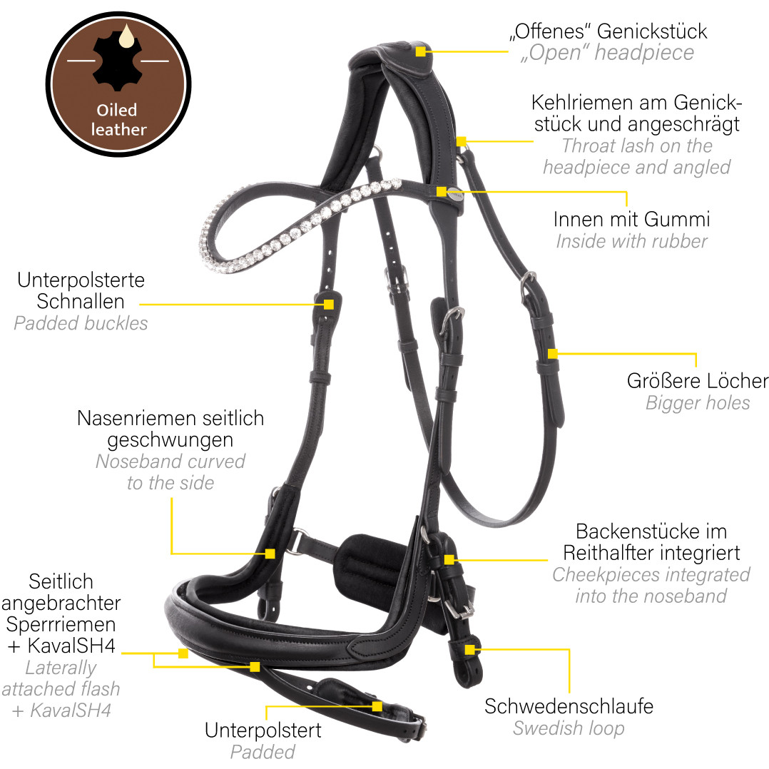 Trensenzaum englisch kombiniert CALIANO Leder geölt schwarz/silber