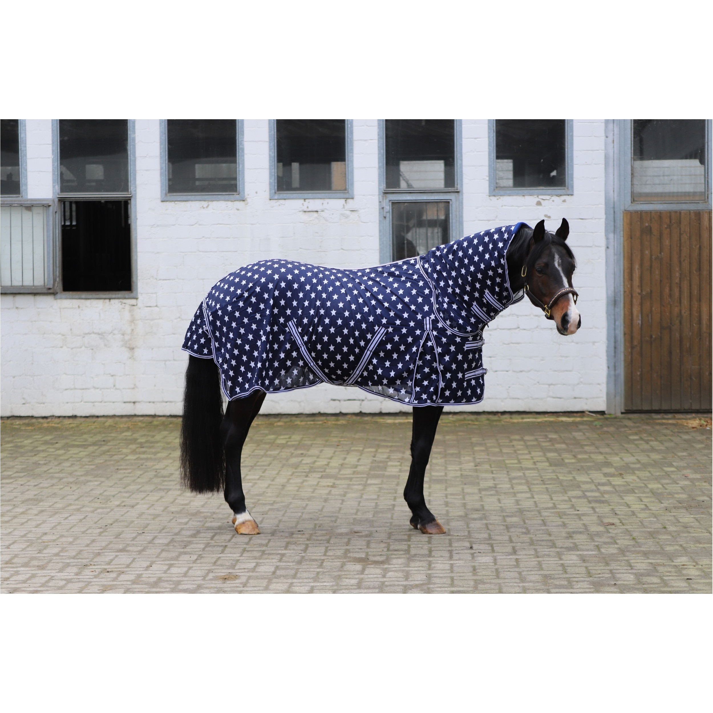 Fliegendecke mit Halsteil und Kreuzgurt DESIGN Star dunkelblau/weiß