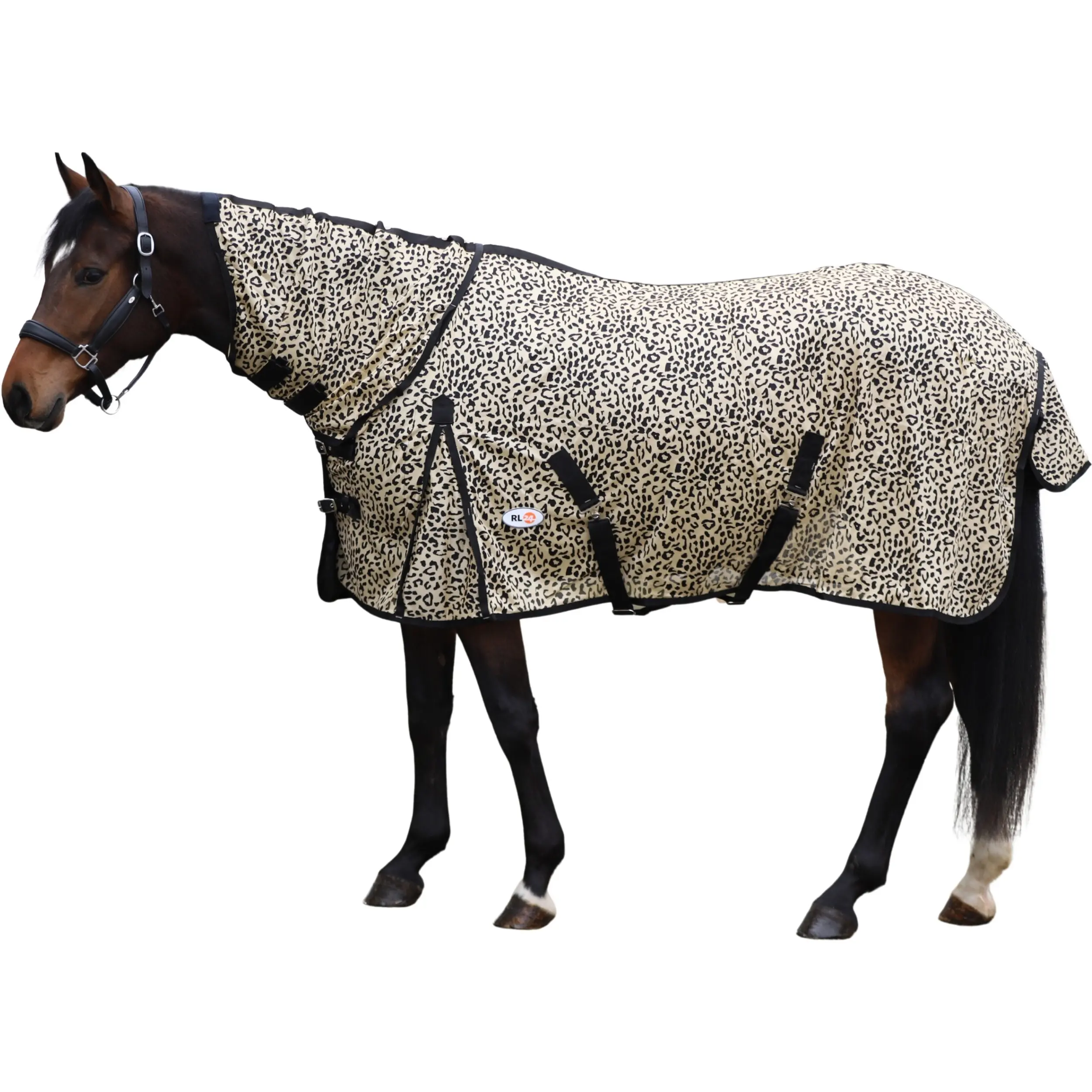 Fliegendecke mit Halsteil und Kreuzgurt DESIGN Leopard beige/schwarz