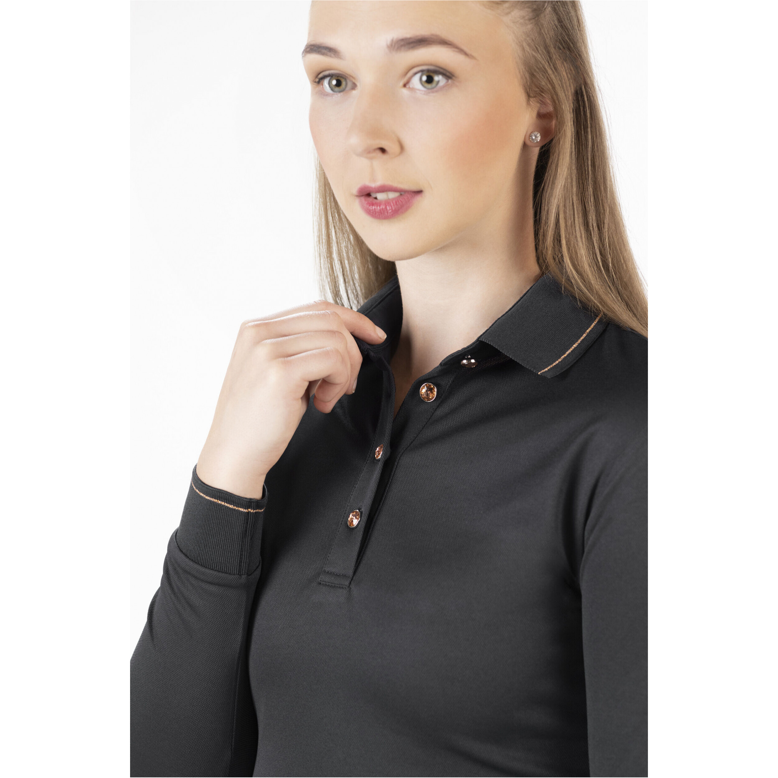 Damen Poloshirt Langarm ROSEGOLD GLAMOUR STYLE schwarz/rosegold