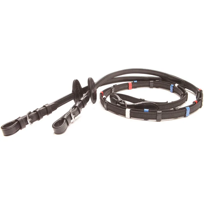 Gummierte Zügel TRAINING bunte Stege schwarz/blau-rot 16mm