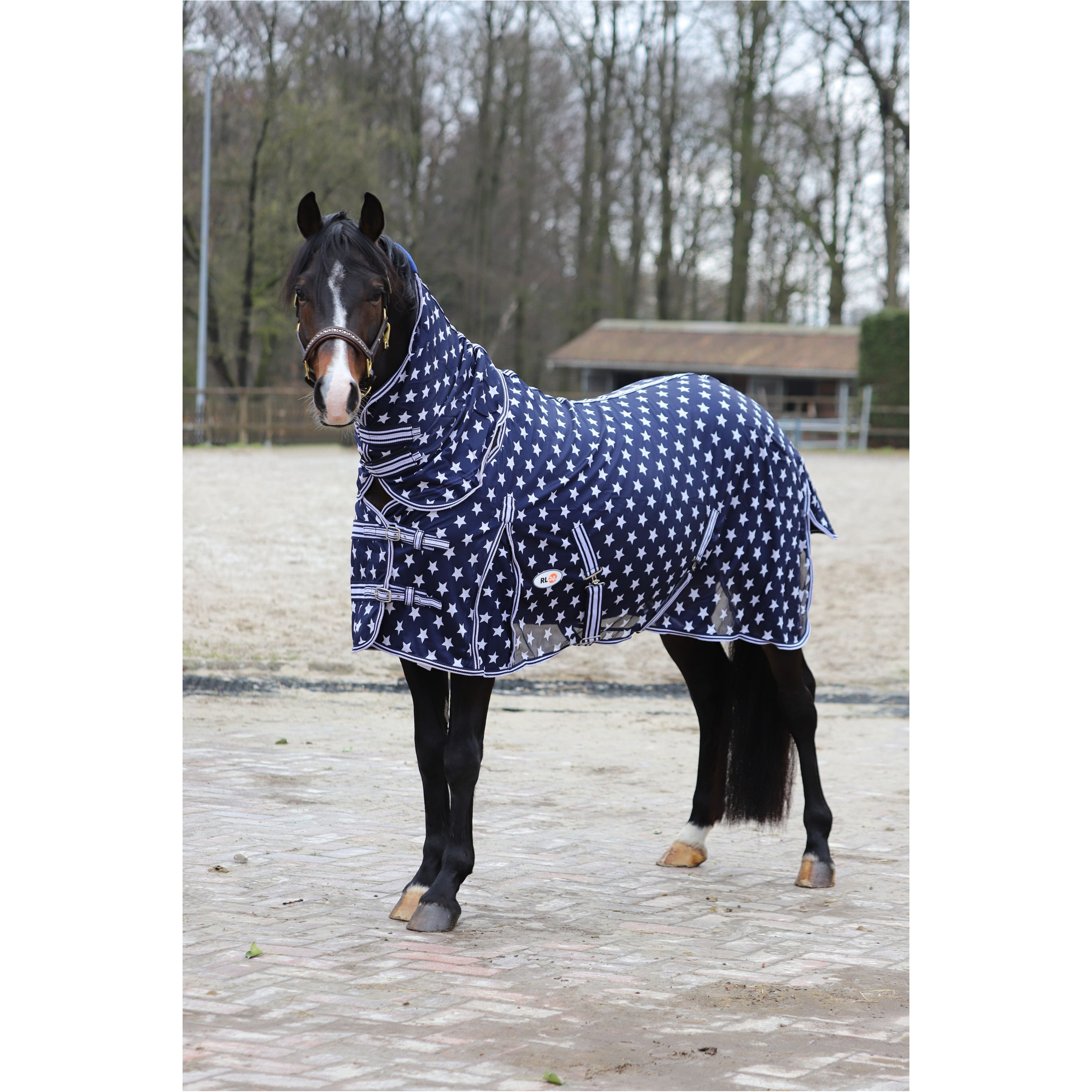 Fliegendecke mit Halsteil und Kreuzgurt DESIGN Star dunkelblau/weiß