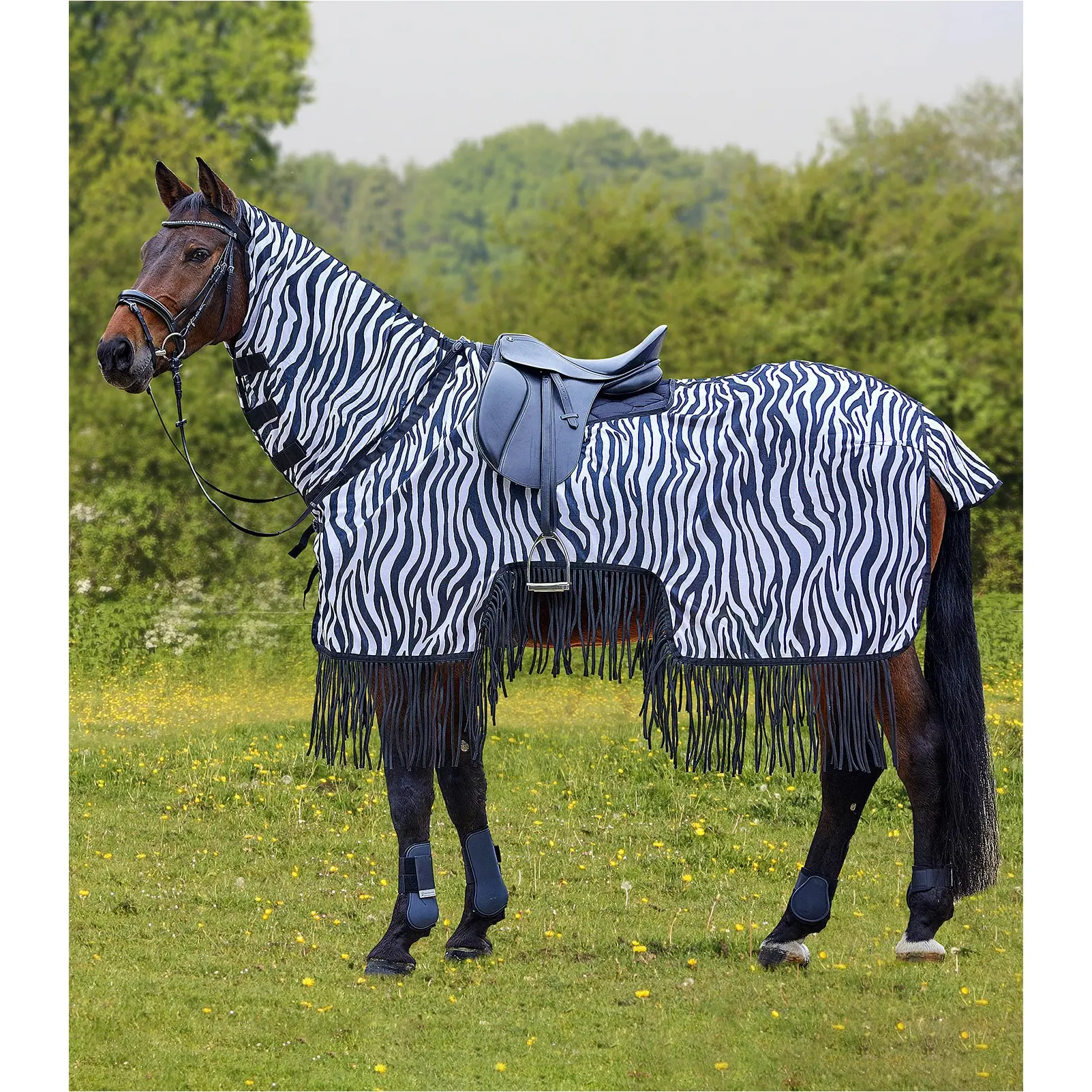 Fliegenausreitdecke ZEBRA mit Fransen schwarz/weiß