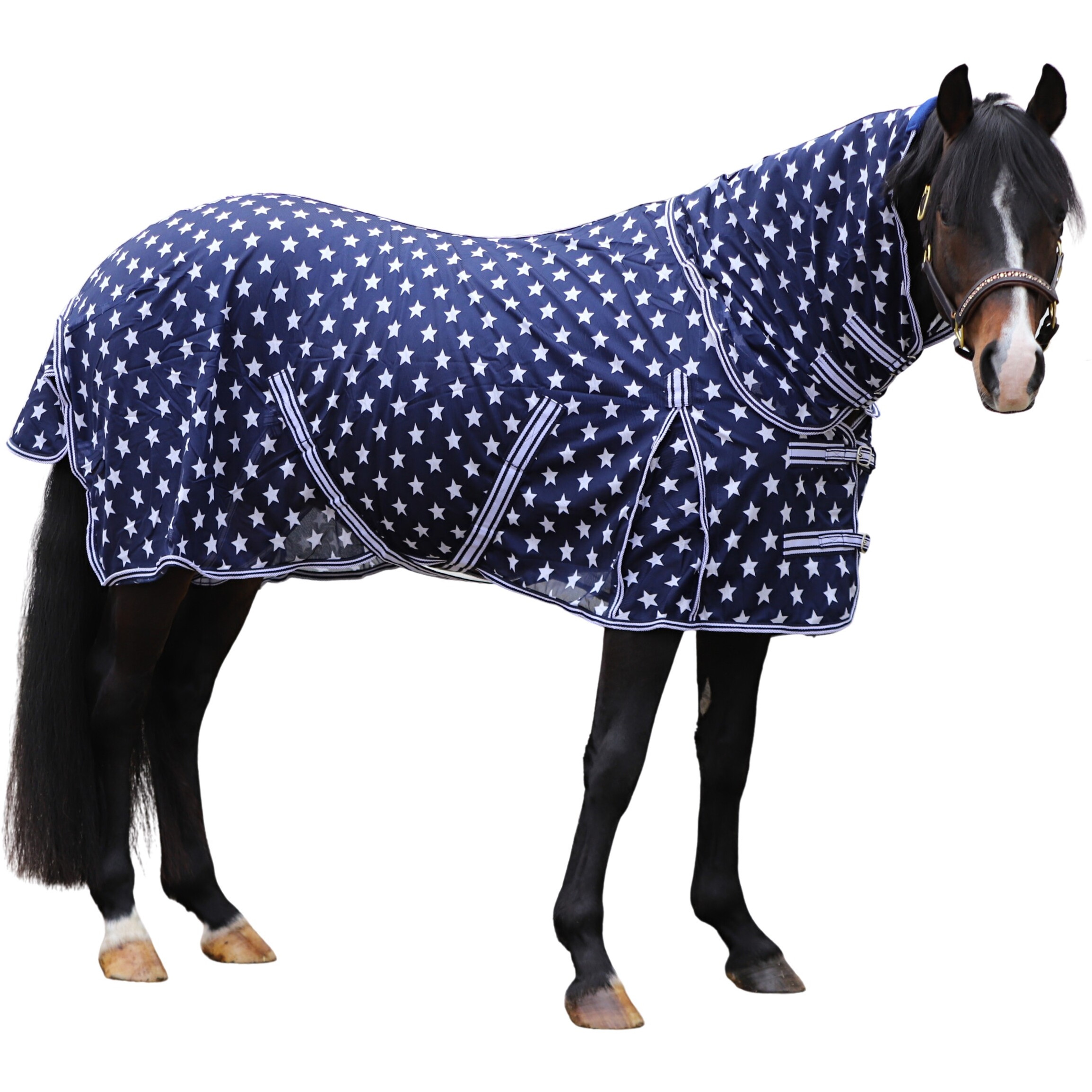 Fliegendecke mit Halsteil und Kreuzgurt DESIGN Star dunkelblau/weiß