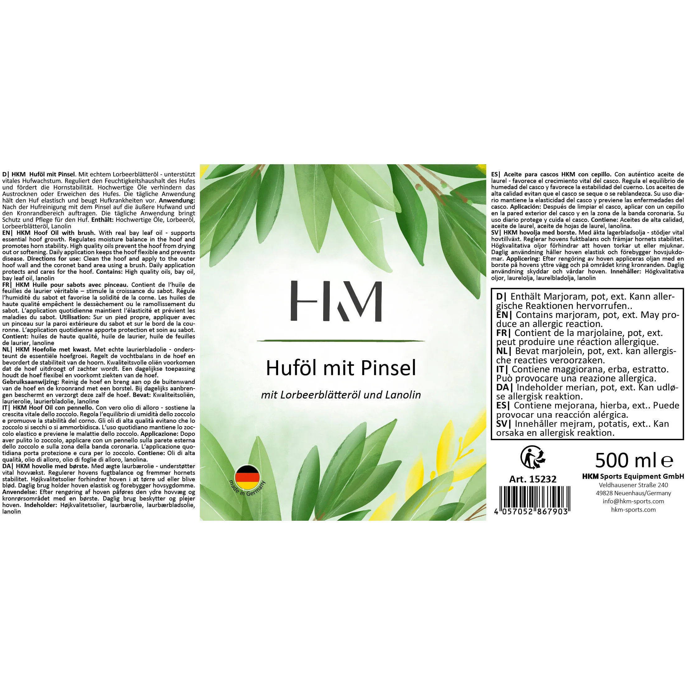 Huföl mit Pinsel mit Lorbeerblätteröl und Lanolin 500ml