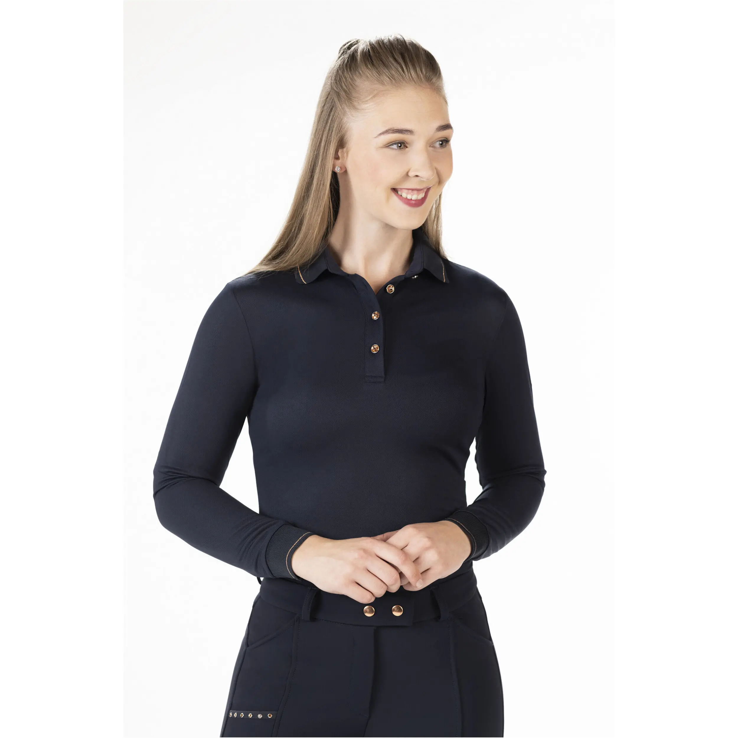 Damen Poloshirt Langarm ROSEGOLD GLAMOUR STYLE dunkelblau/rosegold