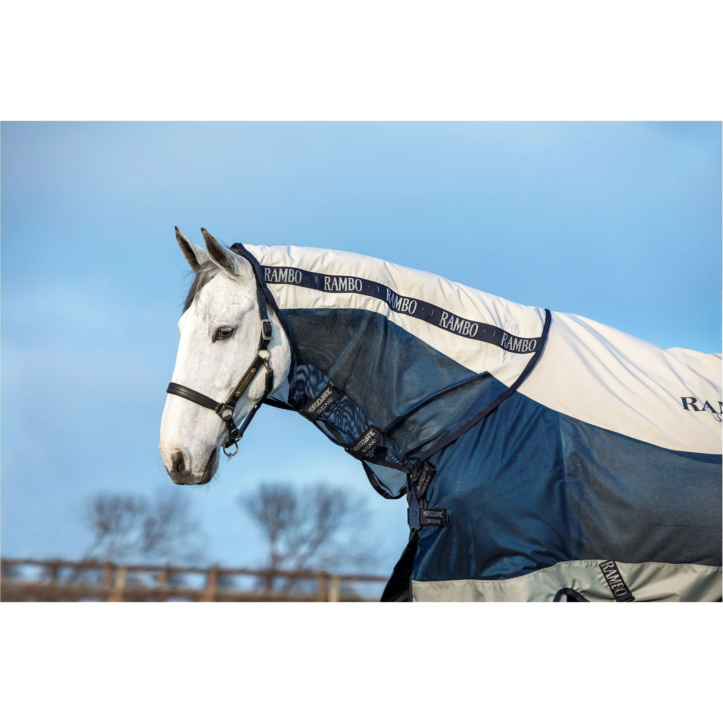 Sommer Weidedecke mit Halsteil (abnehmbar) + 100g Liner RAMBO Summer Series Disk Front navy/grey