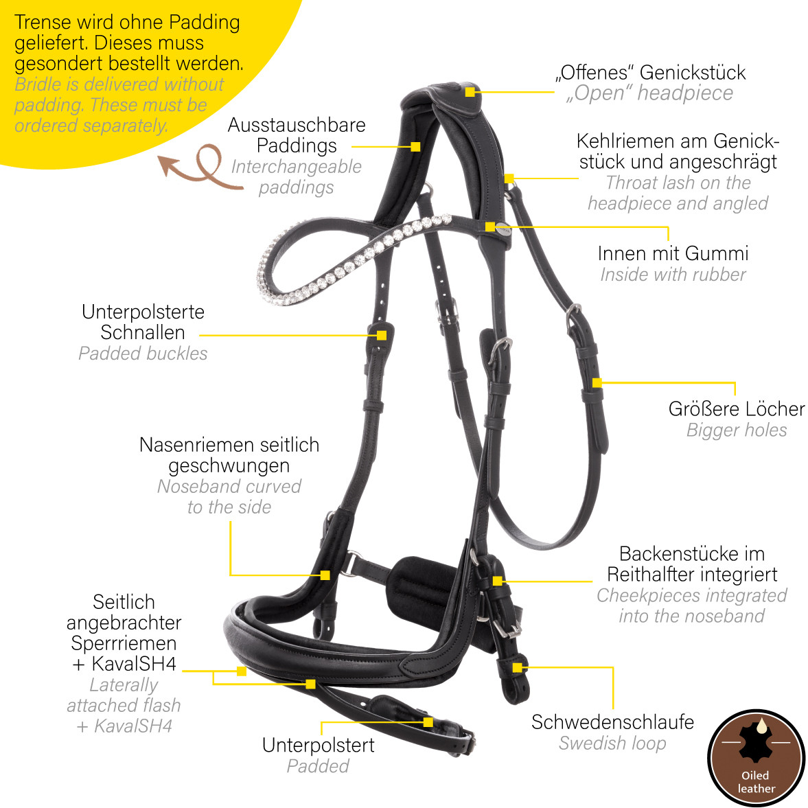 Trensenzaum englisch kombiniert CALIANO VIA Leder geölt schwarz/silber