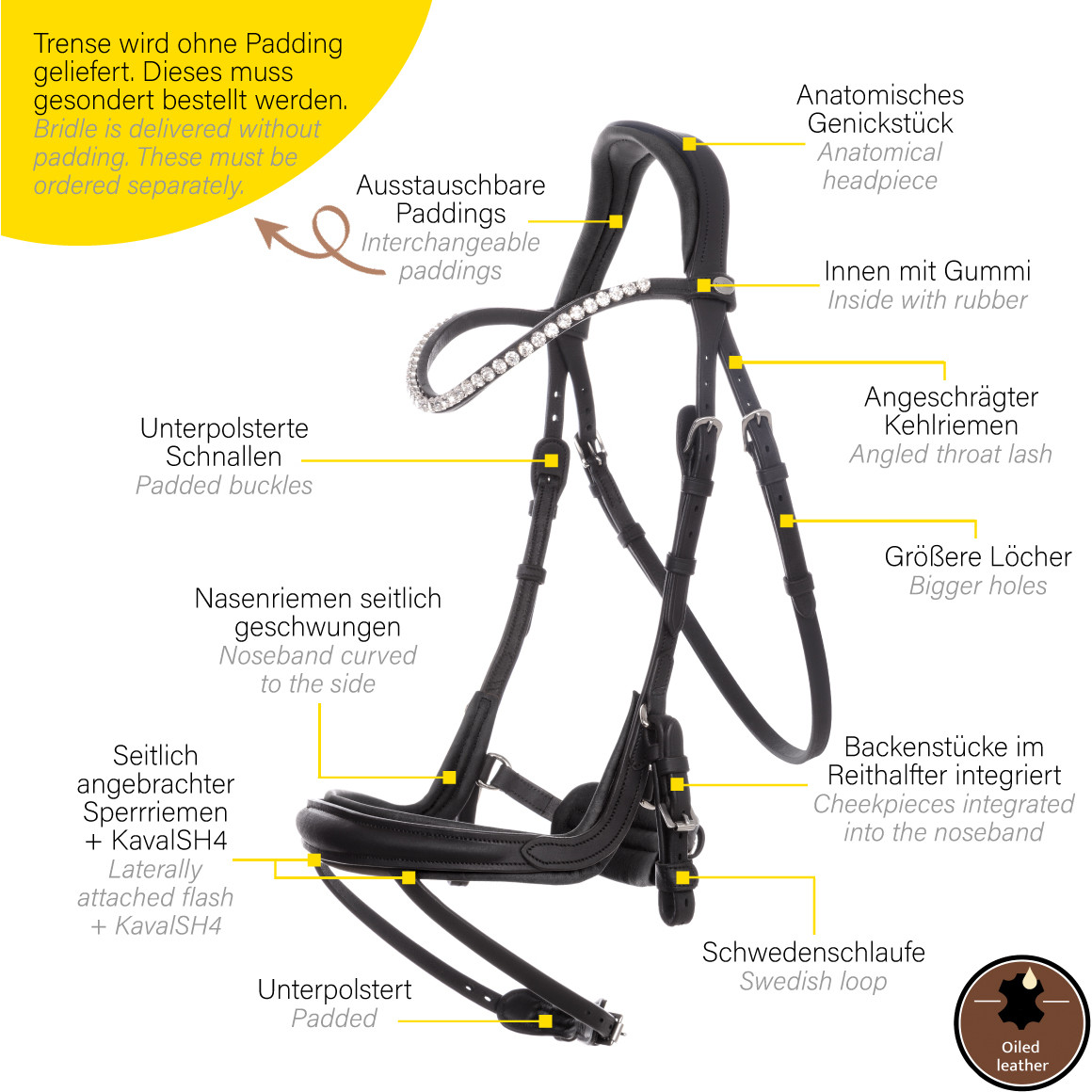Trensenzaum englisch kombiniert CALIANO CERRA Leder geölt braun/messing