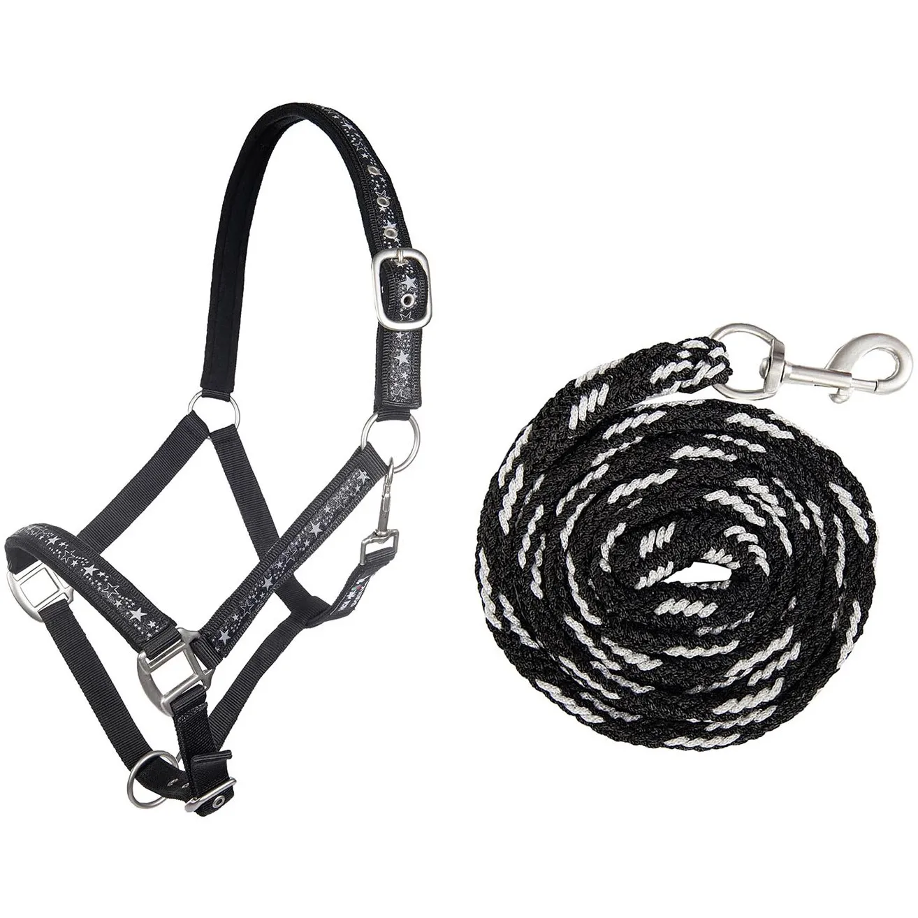 Halfter + Strick-Set mit Karabinerhaken STERNCHEN schwarz/silber