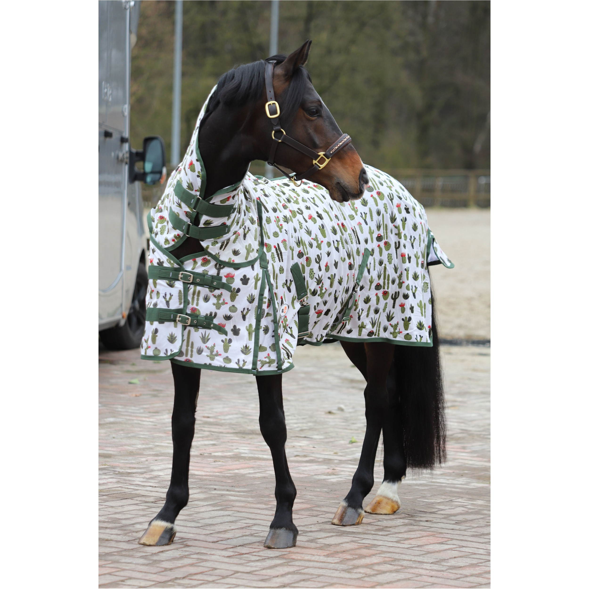 Fliegendecke mit Halsteil und Kreuzgurt DESIGN Kaktus weiß/grün