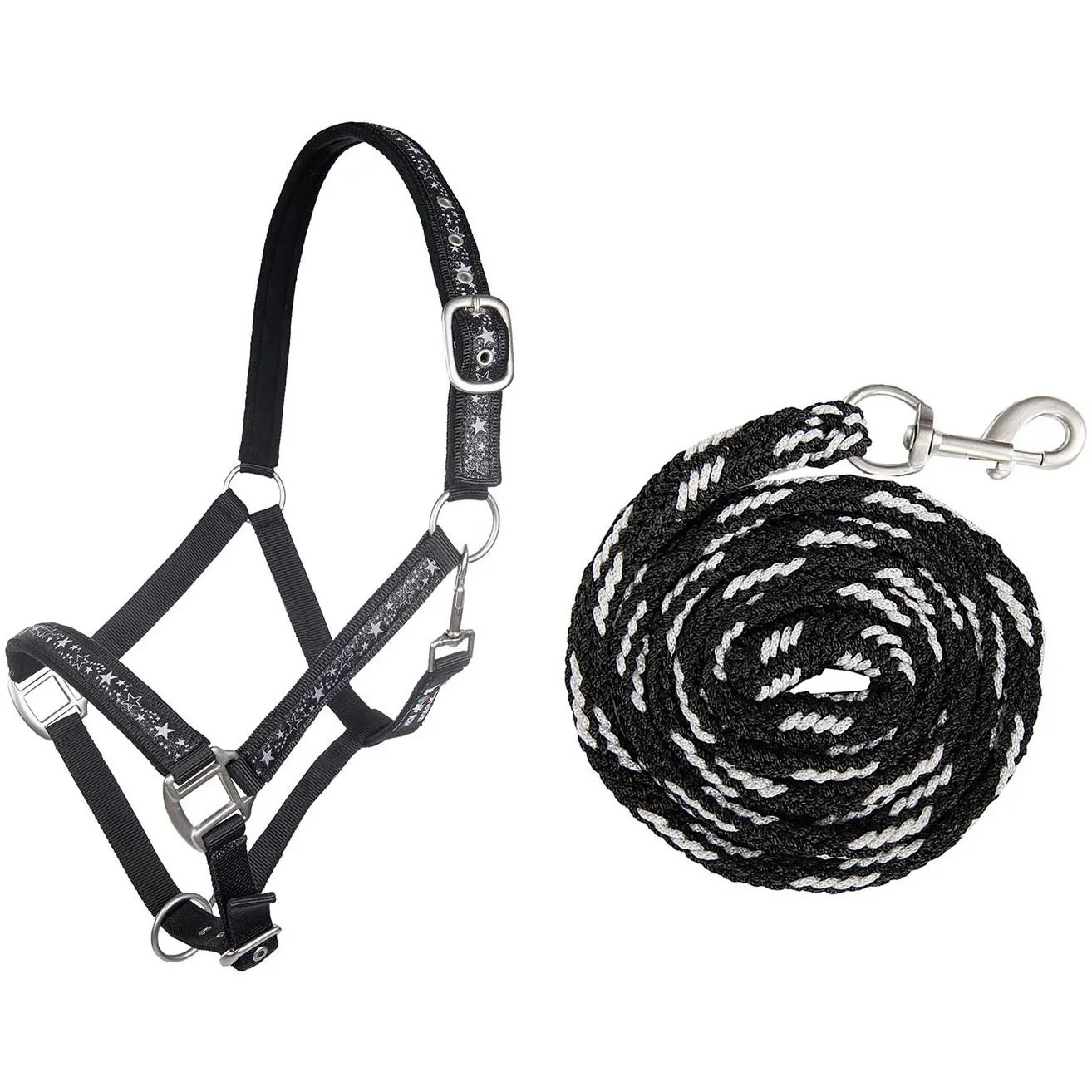 Halfter + Strick-Set mit Karabinerhaken STERNCHEN schwarz/silber