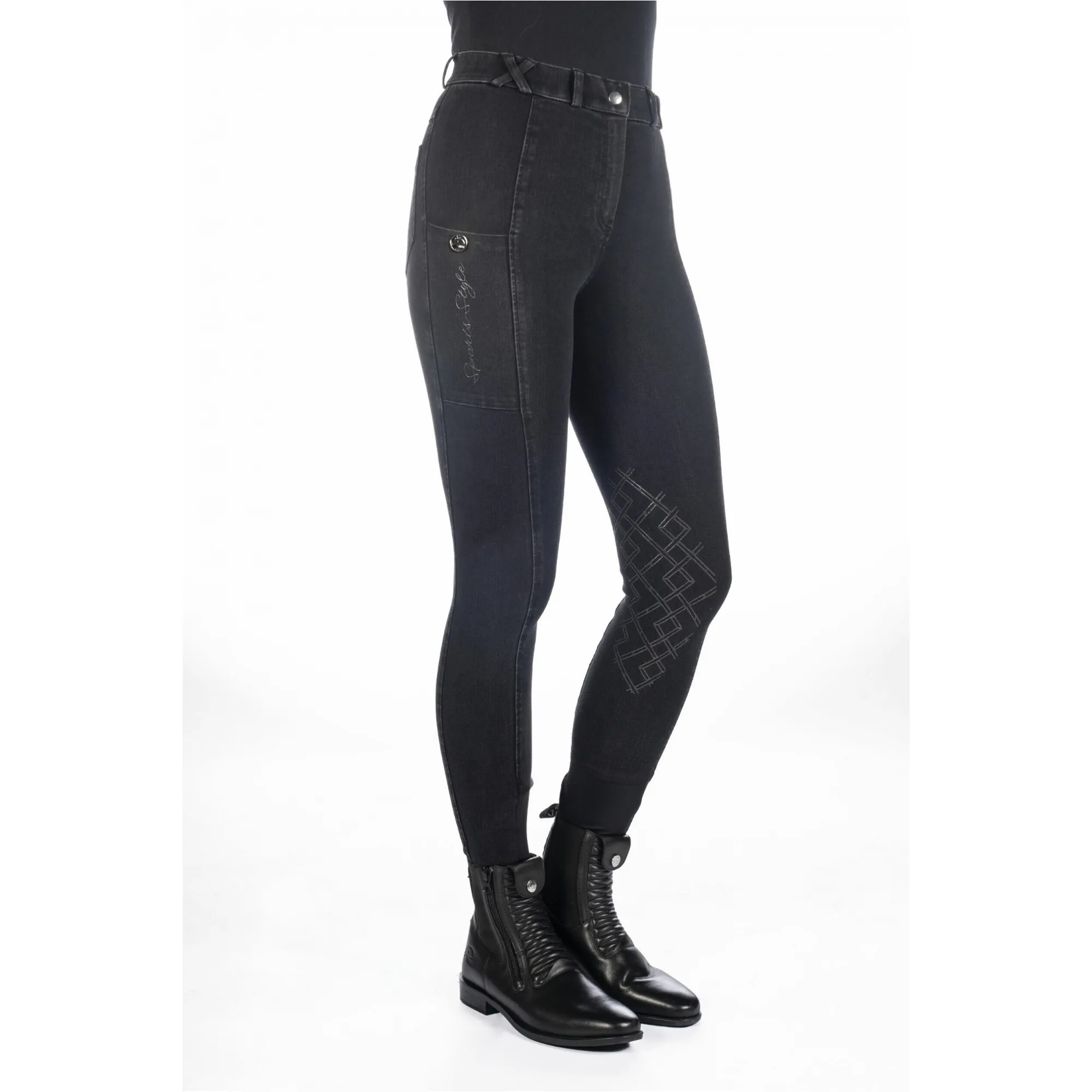Damen Reithose Silikon Kniebesatz HARBOUR ISLAND DENIM schwarz